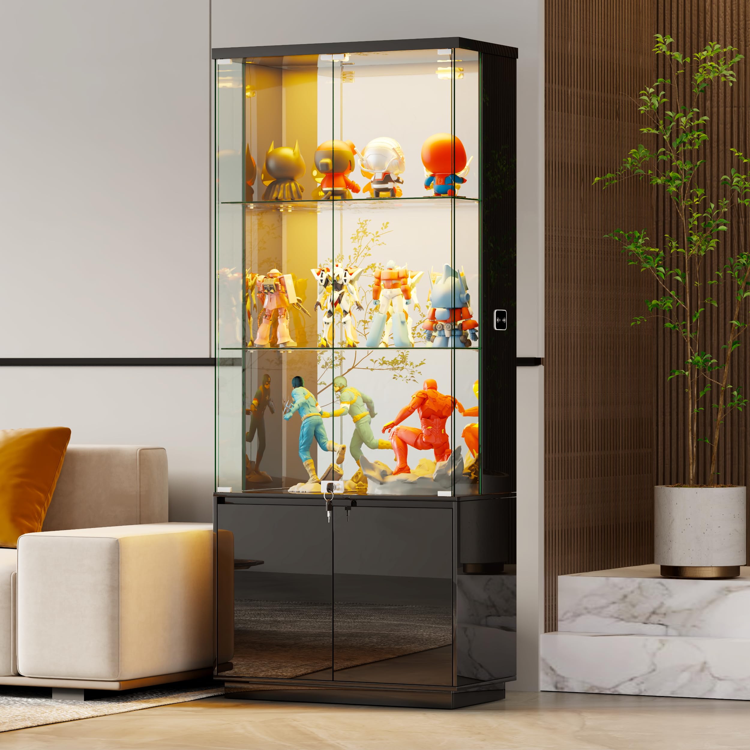 HNEBC 71'' Display Cabinet with Glass Doors&3 Color Lights&Lockable for Bedroom Black,High Gloss Curio Cabinet with Adjustable Glass Shelf 3-Tier