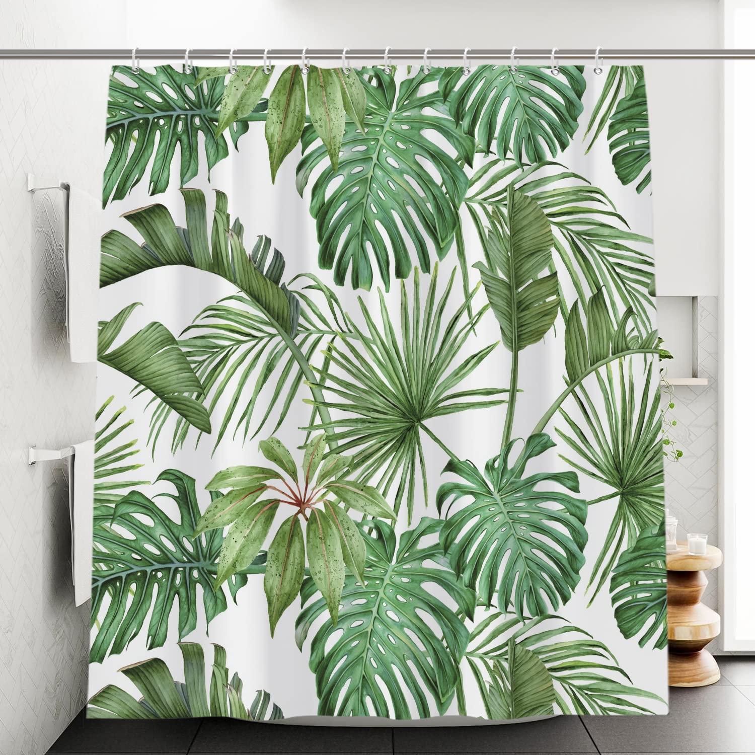 SDOTPMT 41x63 Inch Watercolor Green Palm Leaves Shower Curtain Summer Tropical Botanical Plants Bath Curtain Jungle Banana Monster Leaf Shower Curtain Fabric Polyester for Bathroom with Hooks - Image 3