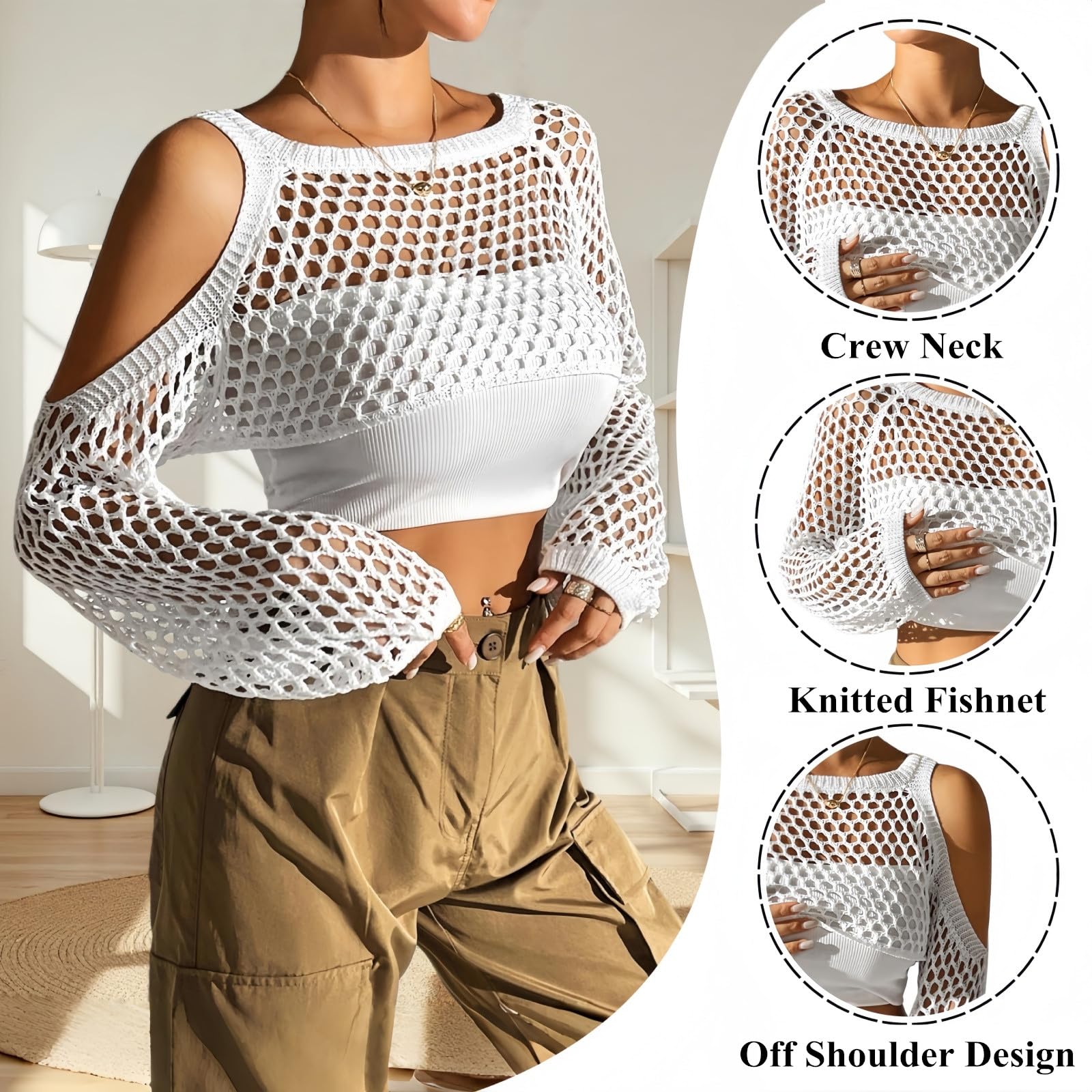 TouKingda Mesh Fishnet Top for Women Long Sleeve Shrug Novelty Off Shoulder Crop Top Y2K Hollow Out Knitted Cover Up Casual Stylish Ladies Outerwear Disco Carnival Music Festival Clubwear (White) - Image 4