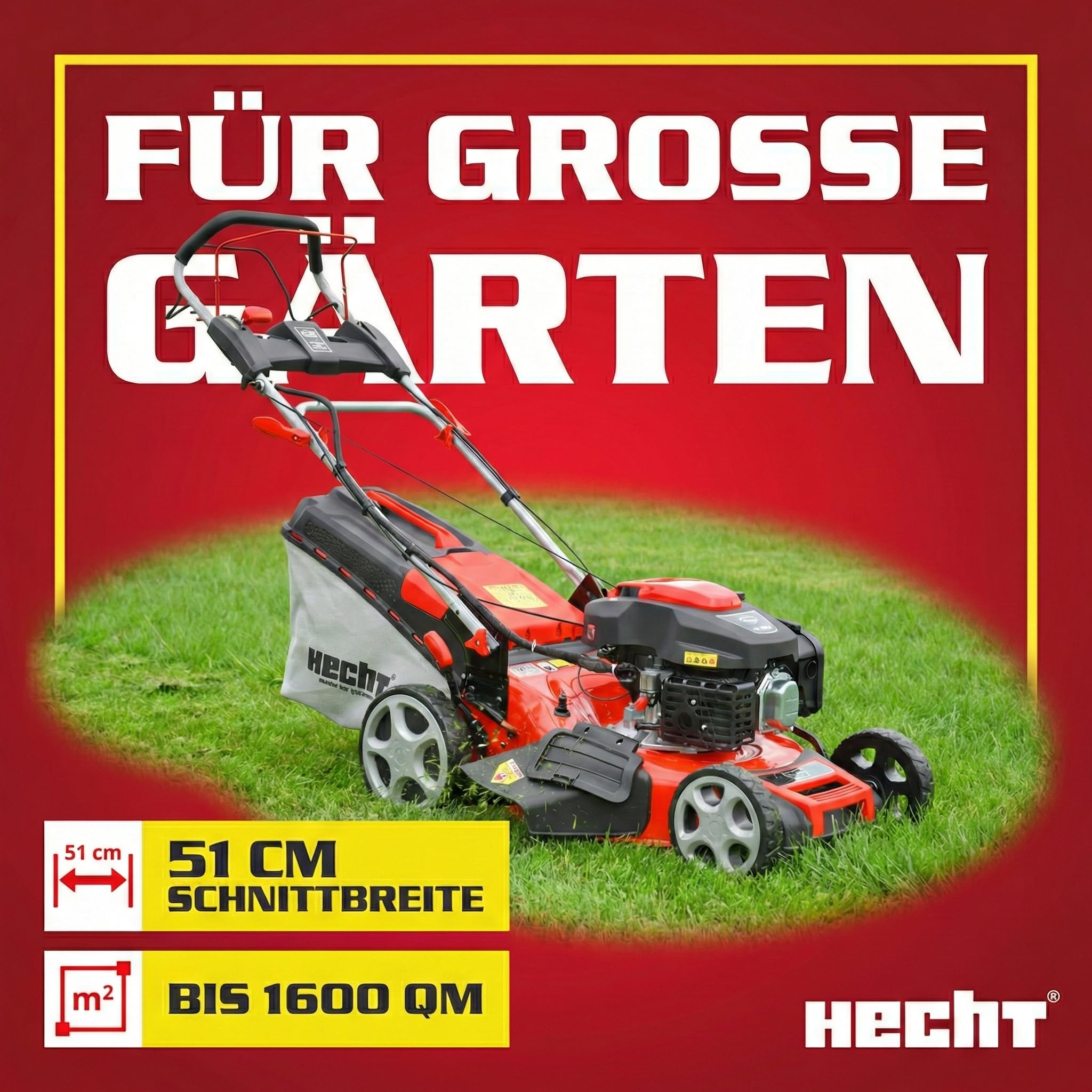 HECHT 5-in-1 Benzin Rasenmäher 5,5 PS Elektrostart 51 cm | 4-Takt-Motor 4,0 kW, 65 L Fangkorb, Radantrieb, patentierte Räder, Mulchmäher und Rasenmäher