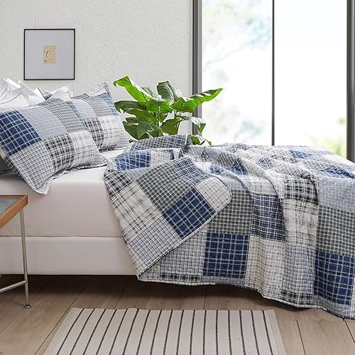 Miniatura 3 de Hailea Edredón a cuadros tamaño matrimonialqueen ropa de cama de retazos azul y blanco colcha ligera a cuadros para todas las estaciones decoración