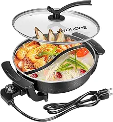 VIVOHOME Panela Elétrica Antiaderente Shabu-Shabu De 6 Litros Com Divisórias, 110 V, Livre Bpa, Tampa Vidro Temperado Para Fondue, Festas 1 A Pessoas, Jantar Em Família