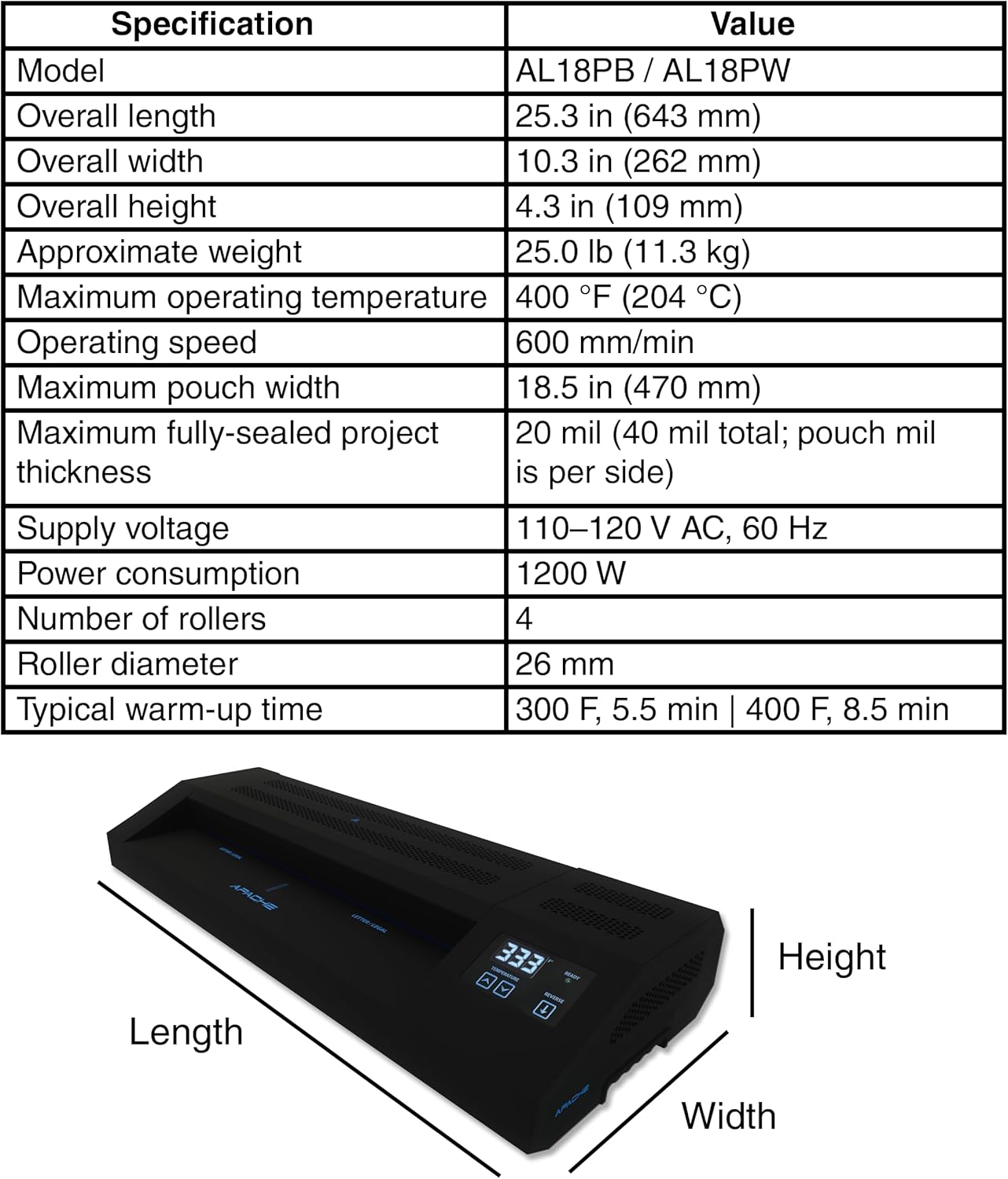 Apache Professional Laminator, Thermal Pouch, 18.5 Inch Max Width, 1.5-20 Mil, True Anti-Jam Technology, School & Office Lamination Machine, Variable Temperature, Fast Output, Robust Design