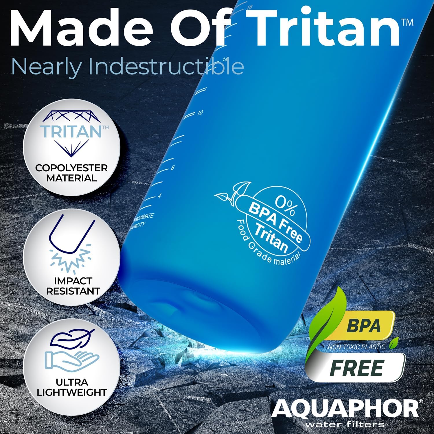Nakii Filtered Water Bottle, Leakproof, BPA-Free, Motivational Markings, Travel, Everyday Use. 40-Gallon Filter, Replaces 300 Plastic Water Bottles. Includes 1 Filter, 34 FL Oz, Blue by Aquaphor