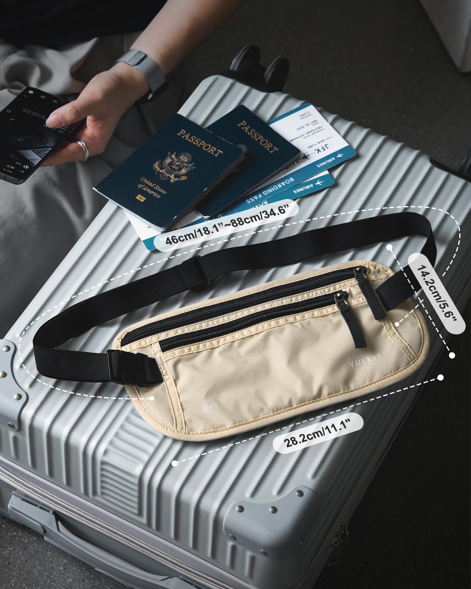VULKIT Riñonera Viaje para Hombre y Mujer RFID Funda Pasaporte Portadocumentos Viaje Antirrobo Discreta para Teléfono Móvil, Pasaportes, Efectivo - Blanco Crema