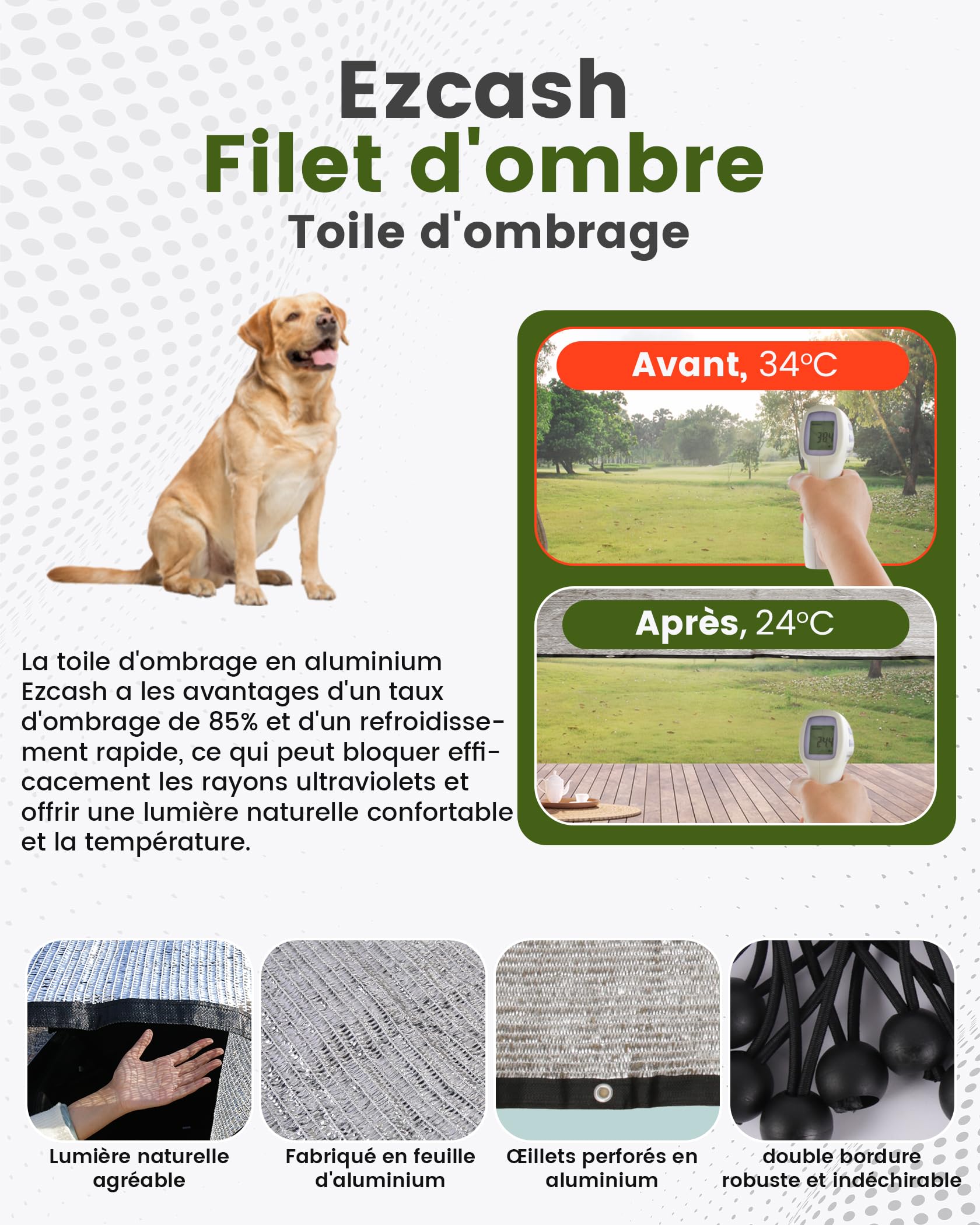 Filet d'ombrage pour Voiture 3x4m, 85% d'aluminium Filet d'ombrage comme Protection Contre Les UV et Le Soleil, pour l'extérieur, y Compris Corde élastique, 5m de Corde en Nylon, Clous