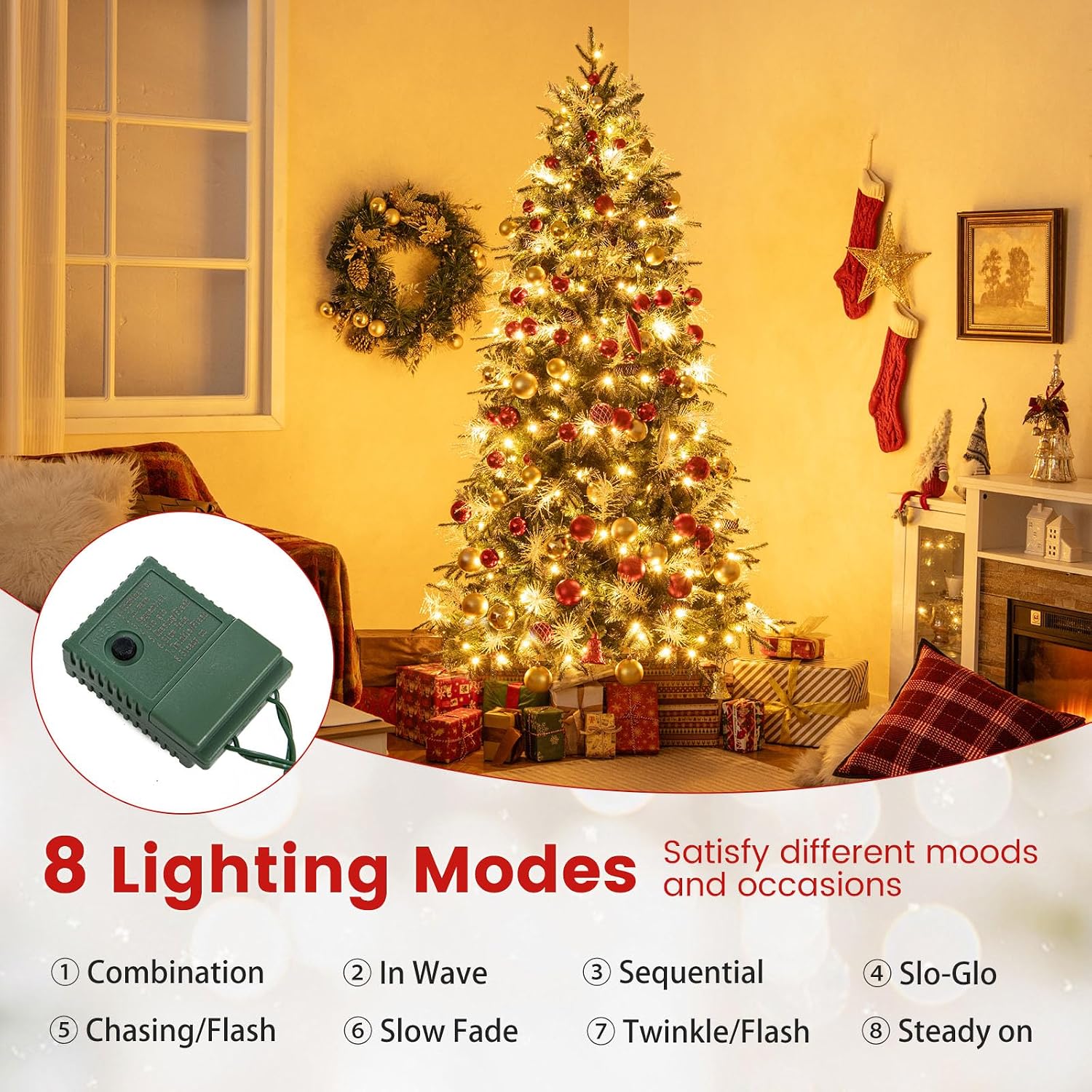 DORTALA 7 FT Pre-lit Christmas Tree, Artificial Hinged Xmas Tree with 350 Warm White LED Lights, 1072 Branch Tips, 40 Pine Cones, Foldable Metal Stand, Holiday Decor, Green