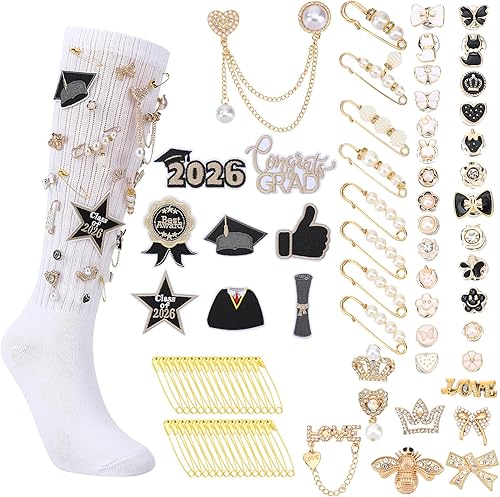 JATEBI 2026 Graduation Junk Sock Charm Bullk with 78pcs Gold Brooches Pins, 8pcs Senior Grad Patches for DIY Decor(White Socks)