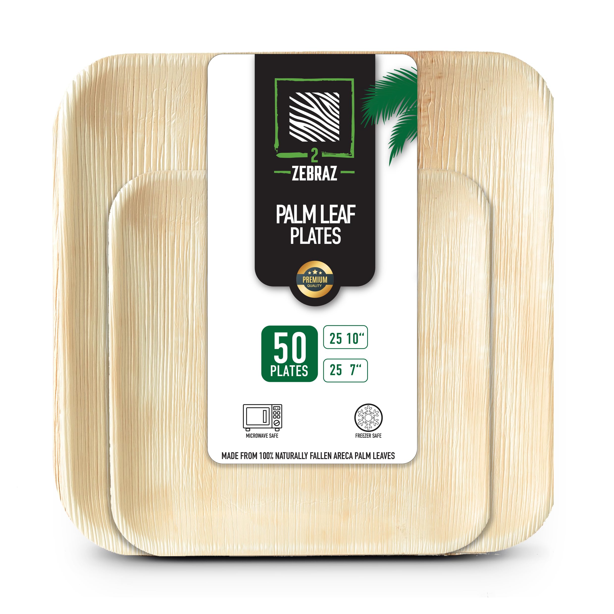 Photo 1 of 2 ZEBRAZ Palm Leaf Plates 50 Pack, 25 Dinner 10 Inch and 25 Dessert 7 Inch, Heavy-Duty Natural Square Plates for Weddings, Parties, BBQs and Catering