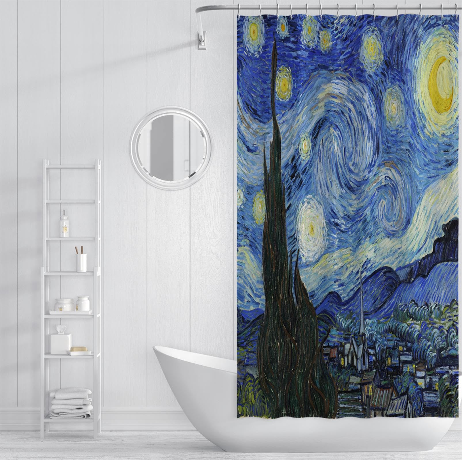 Rideau de Douche de Ferme la Nuit étoilée célèbre Peinture Impression Baignoire Doublure de Rideau de Douche pour décoration de Salle de Bain Romantique étanche W200xL200(cm)