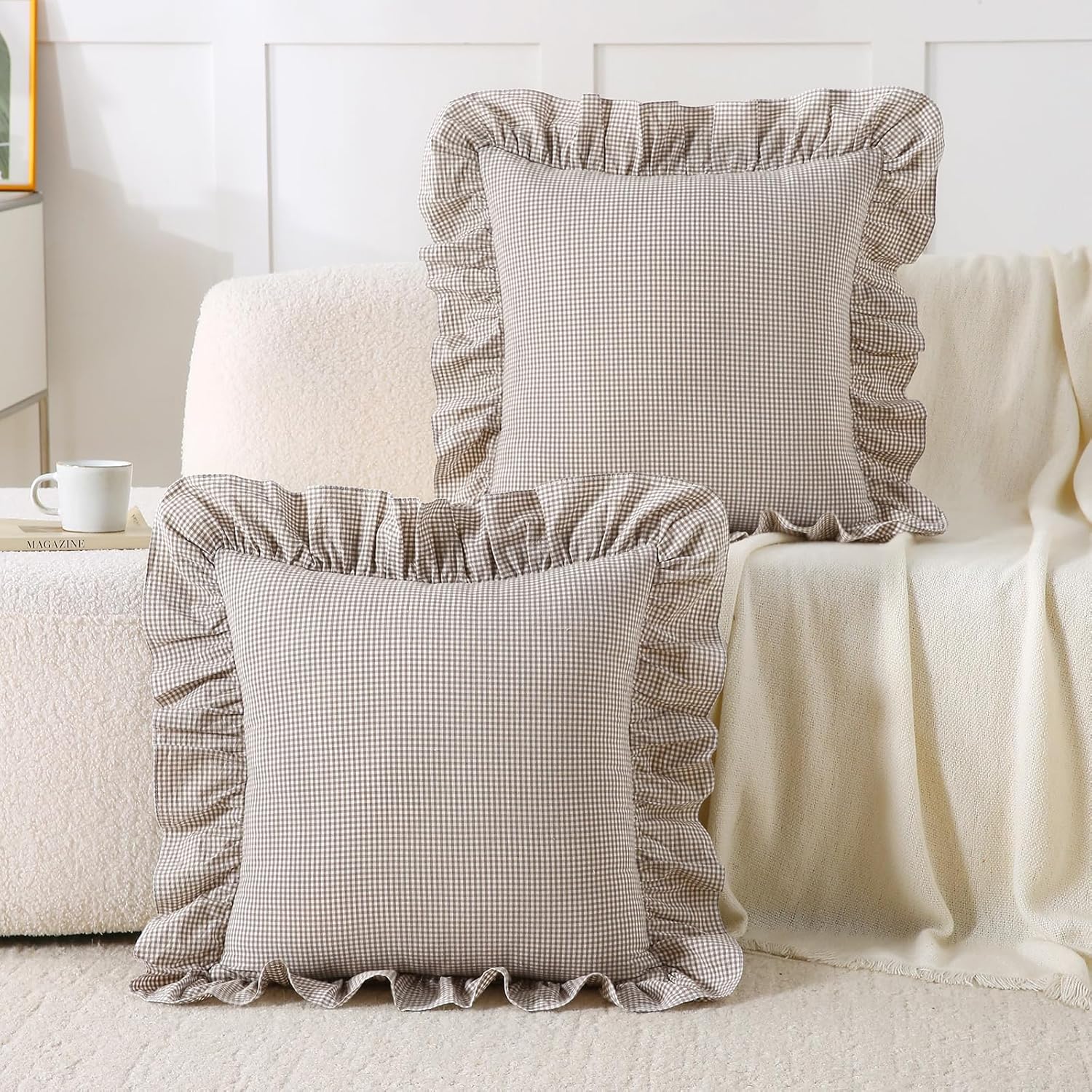 Aryeleay 2 Pack Brown White Plaid Gingham Ruffle Pillow Shams, 100% Washed Cotton Checkered Farmhouse Pillow Covers for Bed/Sofa-20 x20