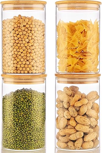Paquete de 4 tarros de vidrio con tapas de bambú, recipientes de almacenamiento de despensa de vidrio con tapas herméticas, recipientes redondos de