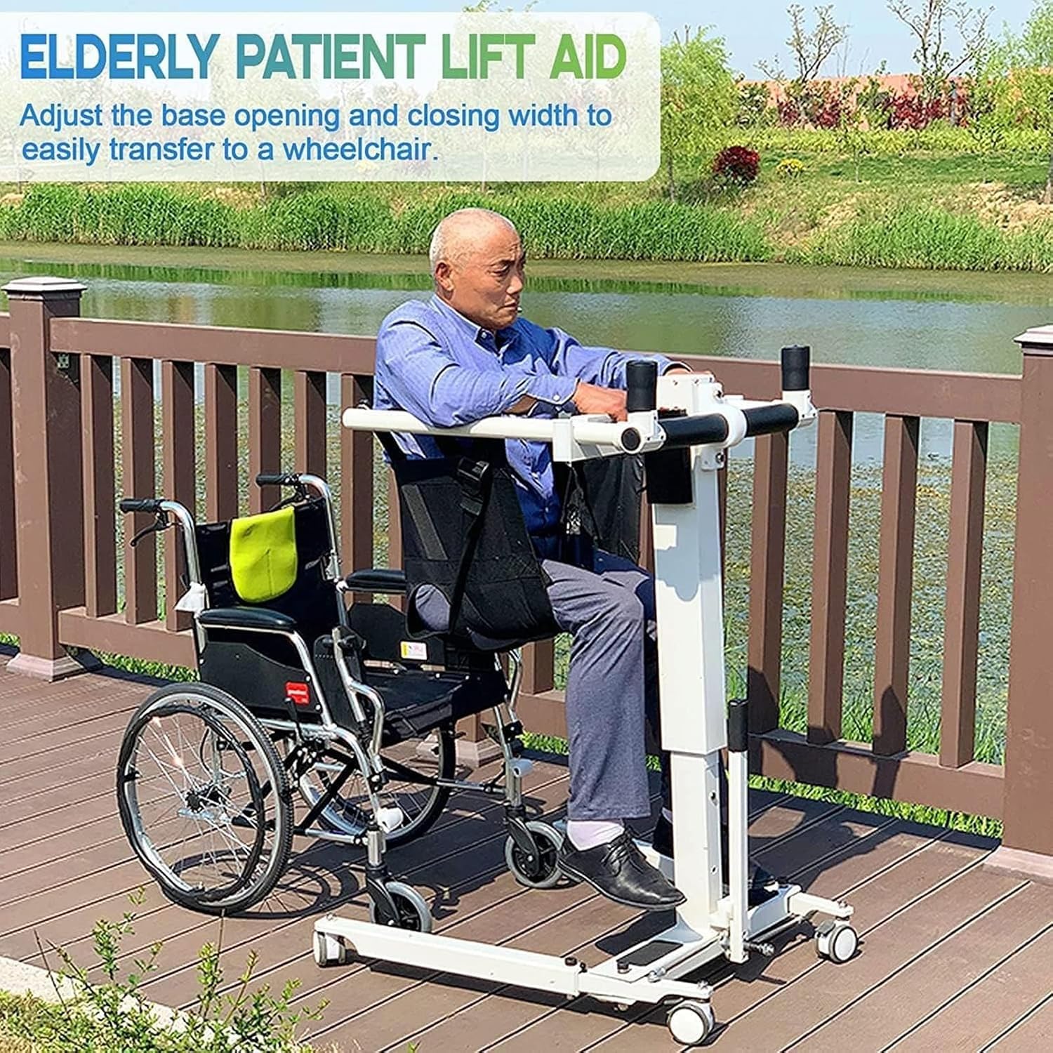 Sedia Sollevatore Pazienti 3-in-1 Pieghevole con Sedia a Rotelle Doccia e Aiuto Auto, per Anziani e Disabili, Opzioni Elettrico/Manuale, Base Regolabile e Cuscino Divisibile (Carico Max 290 lbs)