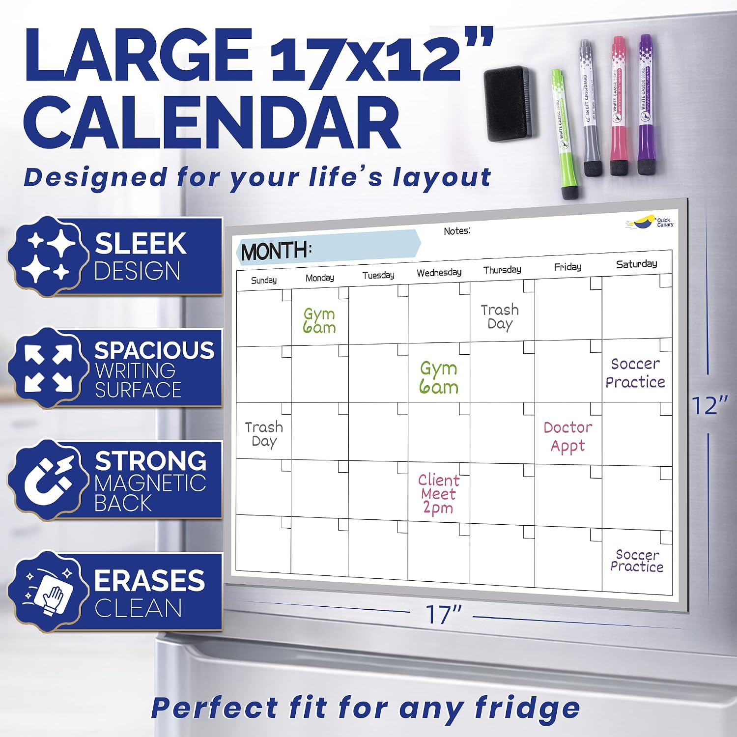Monthly Magnetic Calendar for Refrigerator - 17x12” Stain-Resistant Dry Erase Fridge Calendar Whiteboard with Large Writing Space for Schedules, Chores & Meals - With 4 Markers & Eraser - Sunday Start thumbnail