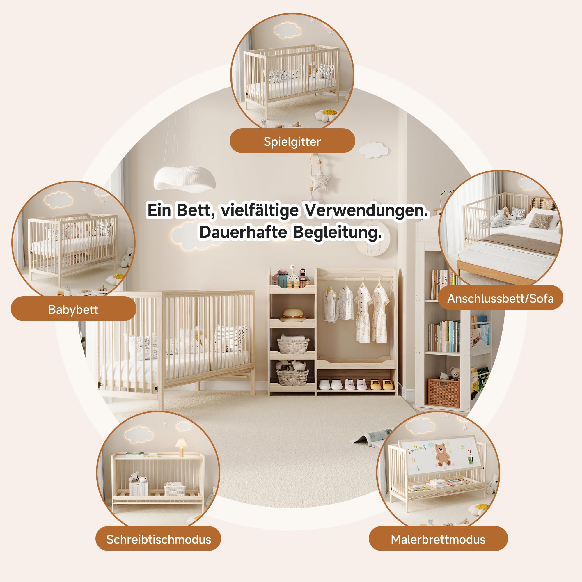 Holz Babybett Höhenverstellbar,Multifunktionales Gitterbett,Baby Cot Babybett Mitwachsend Beistellbett Staffelei Schreibtisch,ohne Matratze,140x60x90cm