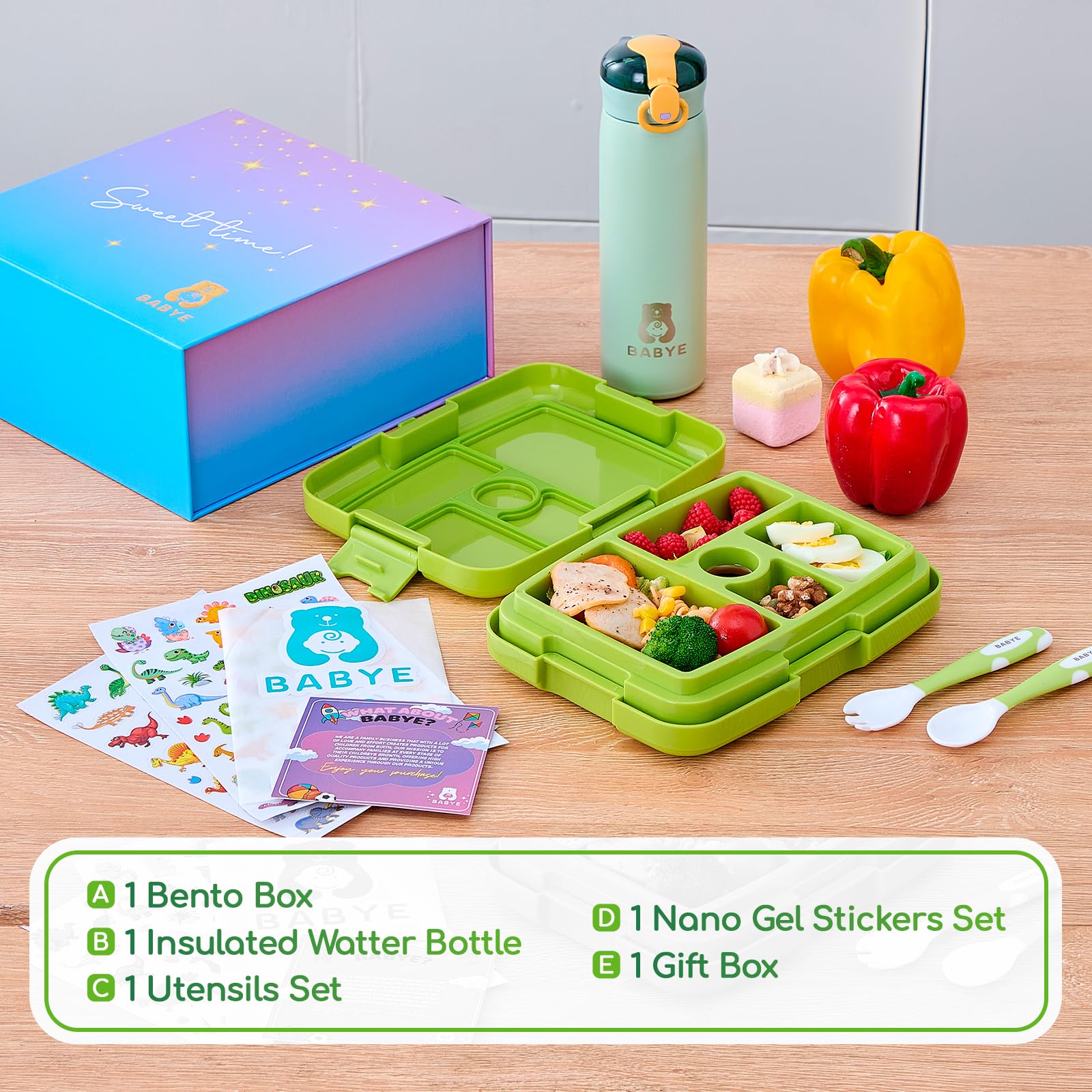 Bento Box for Kids & Insulated Water Bottle Set - Leak Proof, Microwave Safe, BPA Free, 5 Compartments, Dishwasher Safe, Stainless Steel 16 oz, Utensils & Stickers. (Green)