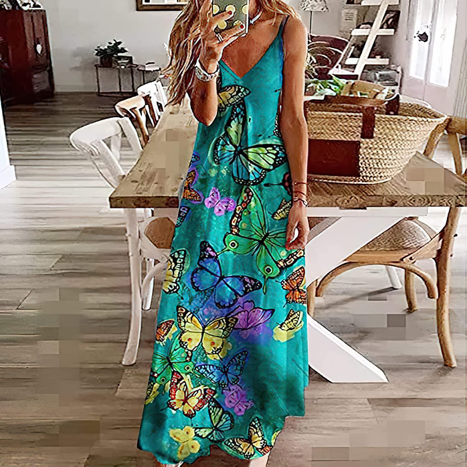 Tirantes de Pasta para Mujeres Flores Vestidos Largos de Verano Vestidos de Vacaciones Sexy de Cuello V Vestidos de Moda de Playa Tirantes Vestidos de Sol, WFFUO, d, m