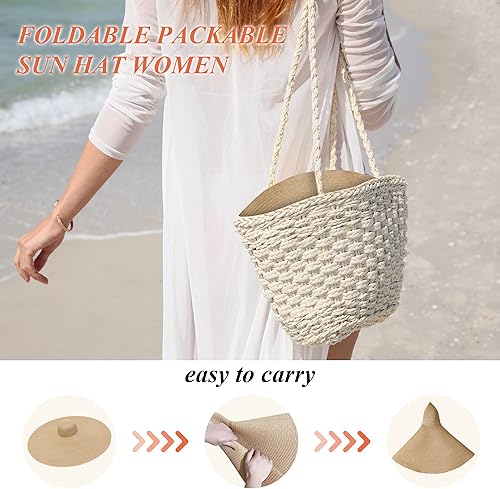 Miniatura 9 de Sombrero de paja de gran tamaño para mujer, UPF 50+, sombrero de verano de ala ancha, plegable, enrollable, sombrero de viaje, sombreros de playa