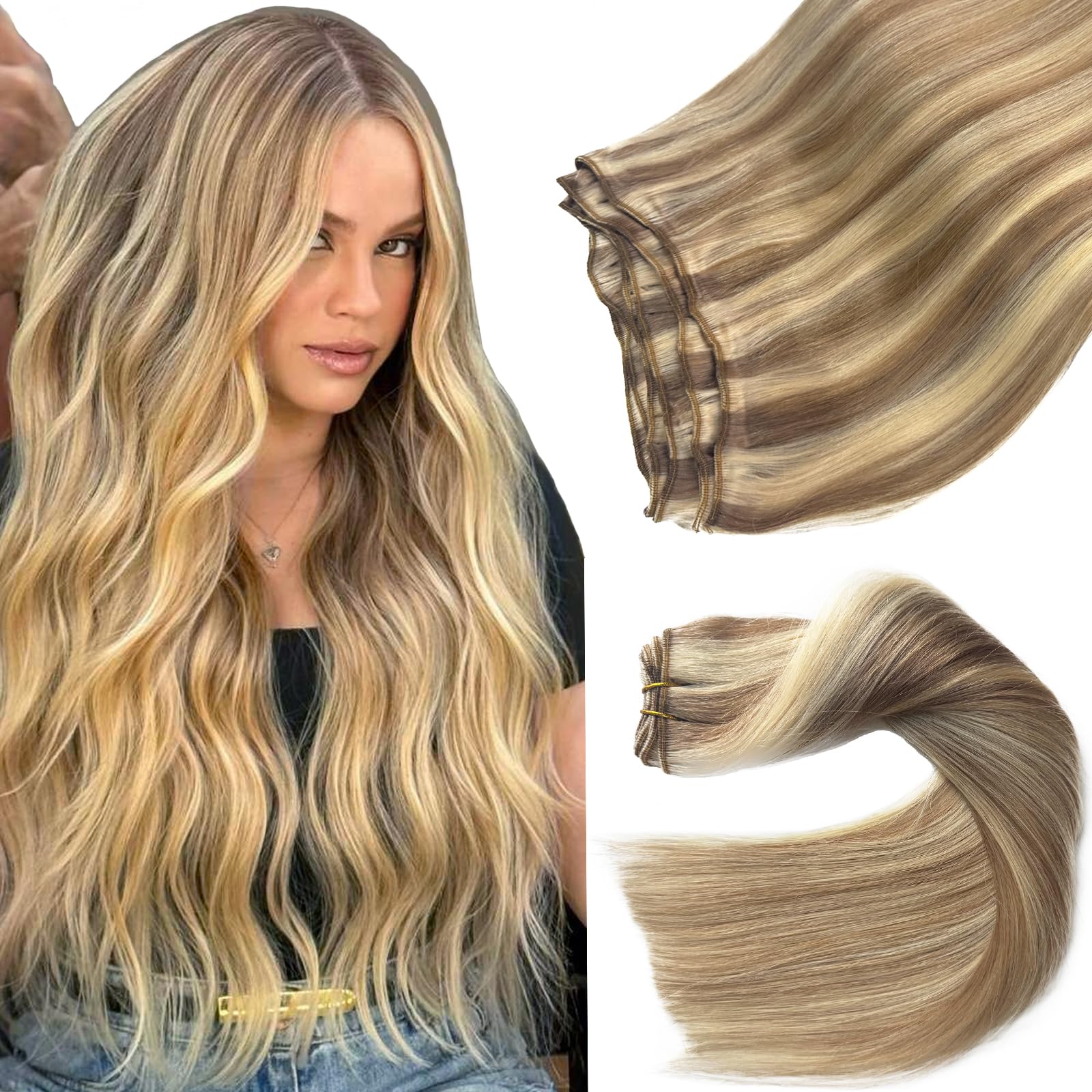 Sew In Hair Extensions Real Human Hair 12 Inch Weft Extensions Real Remy Hair Golden Blonde Balayage Blonde Highlights Double Weft Full Head Straight