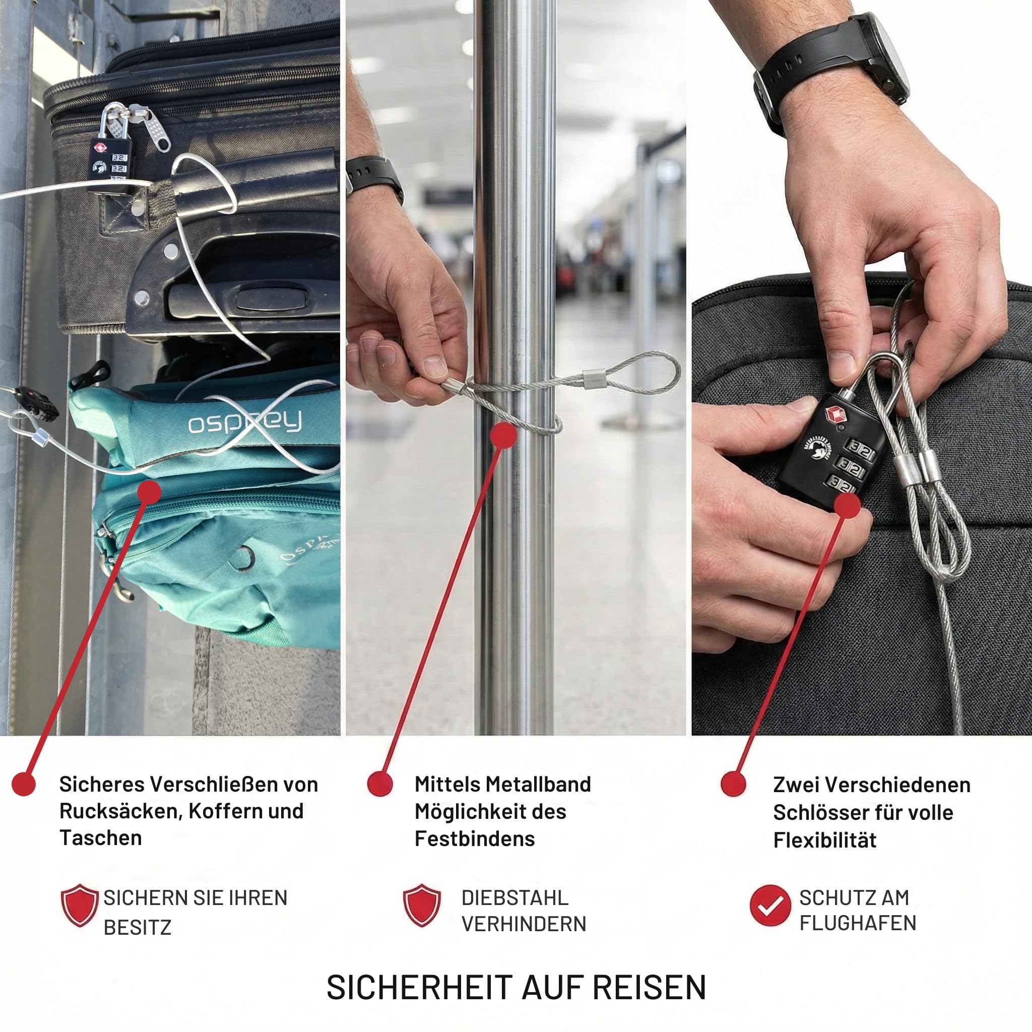 Backpacker's Journey TSA Gepäckschlösser Set.Ideal für Backpacking, Rucksack, Koffer und Taschen jeder ART. Mit Metallband für vielfältigen Einsatz