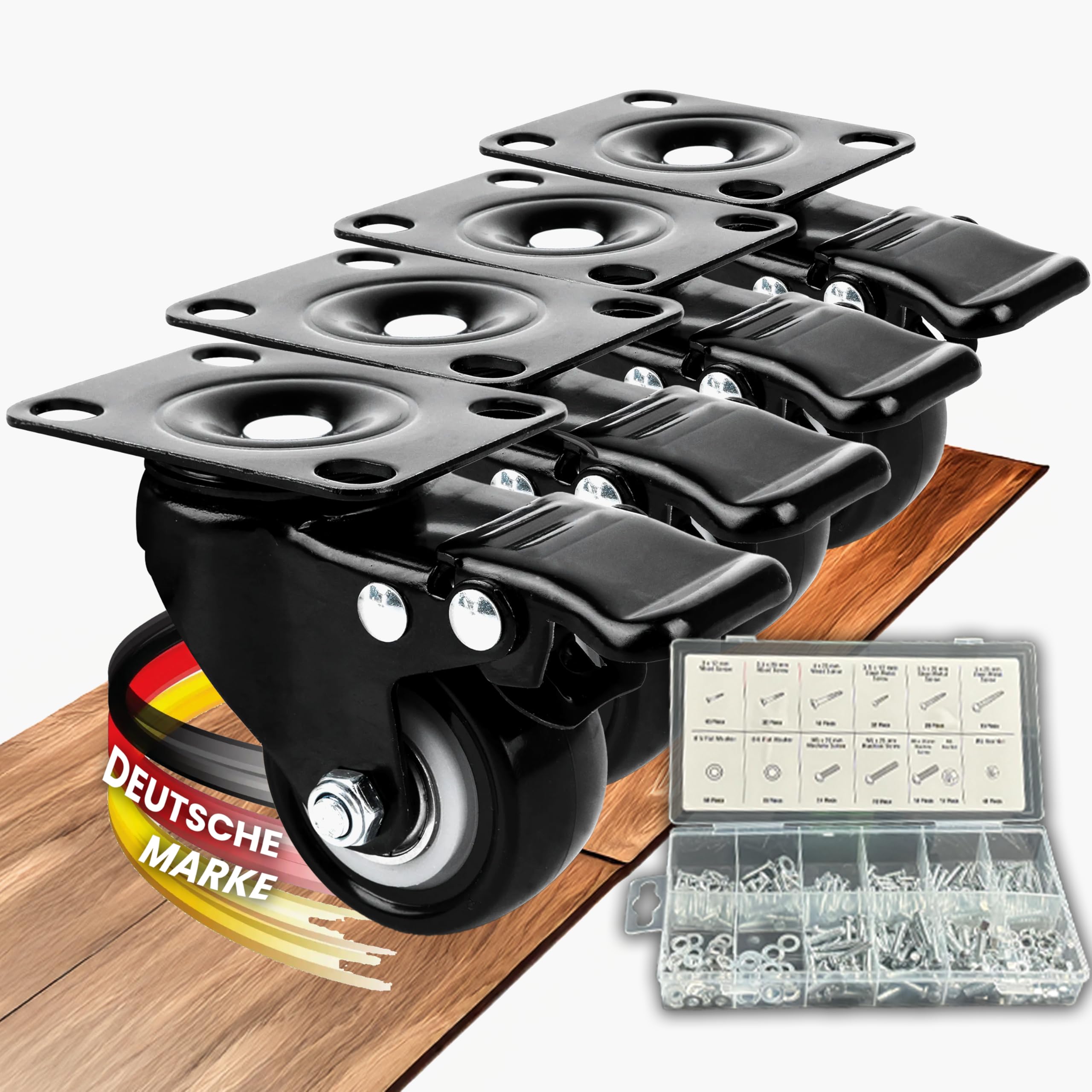 4er-Set Schwerlastrollen mit Bremse in 50mm, 400Kg Tragkraft & leichtgängigen Rollen für müheloses Verschieben schwerer Lasten wie Strandkorb, Werkbank & mehr inkl. 347 tlg. Schraubenset