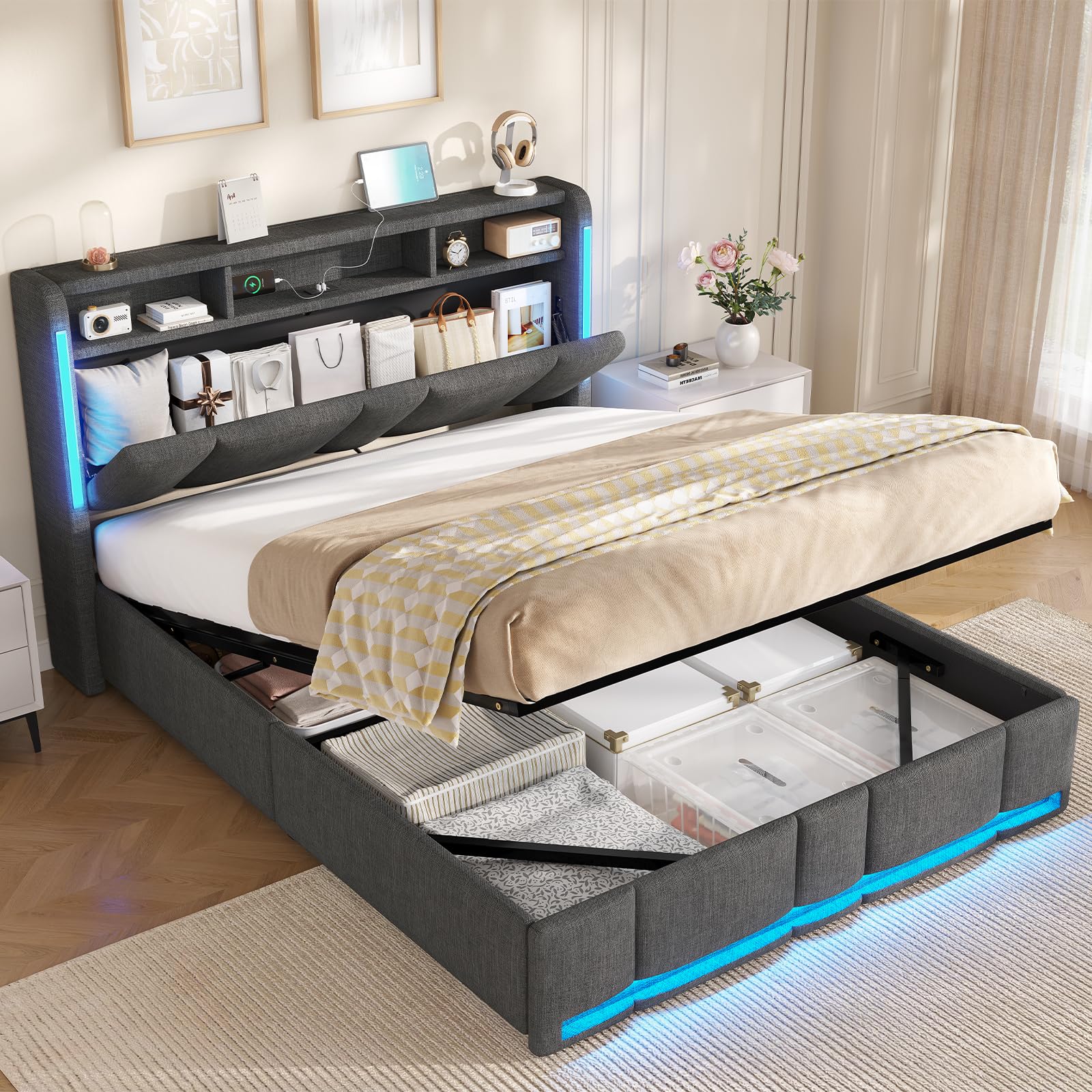 AOGLLATI Lit Coffre Hydraulique 140x190 avec Éclairage LED & Prise,Tête de lit capitonné avec Étagères Ouvertes et Rangement Caché, Lit 2 Personnes avec Sommier à Lattes, Lin Gris Foncé(sans Matelas)