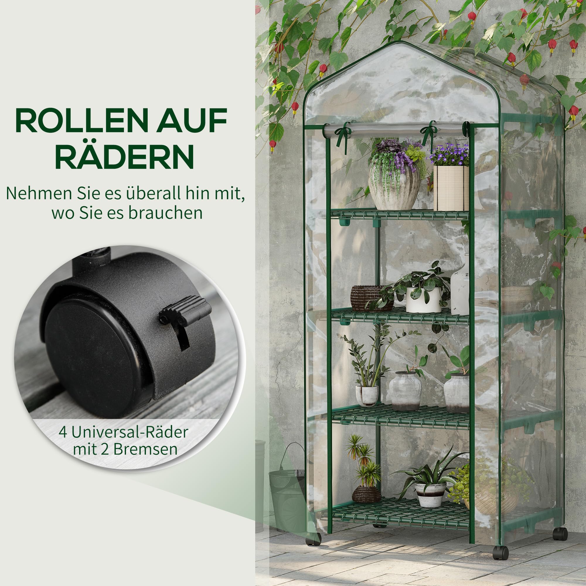 Outsunny Gewächshaus mit Rolle, Regale, winterfest Foliengewächshaus aus Stahl, Treibhaus für Balkon, Garten, Tomatenhaus 69 x 50 x 165 cm, Tomatengewächshaus für Tomaten, Blumen, Pflanzen Transparent