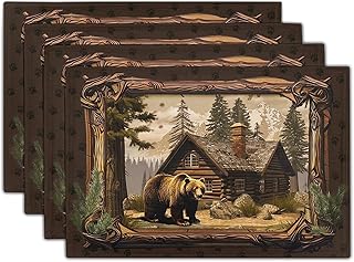 Bear Placemats Set of 4 - Lodge Cabin Place Mats 12x18 Inch Rustic Farmhouse Wild Animal Table Mats Country Woodland Kitchen Mats for Dining Table