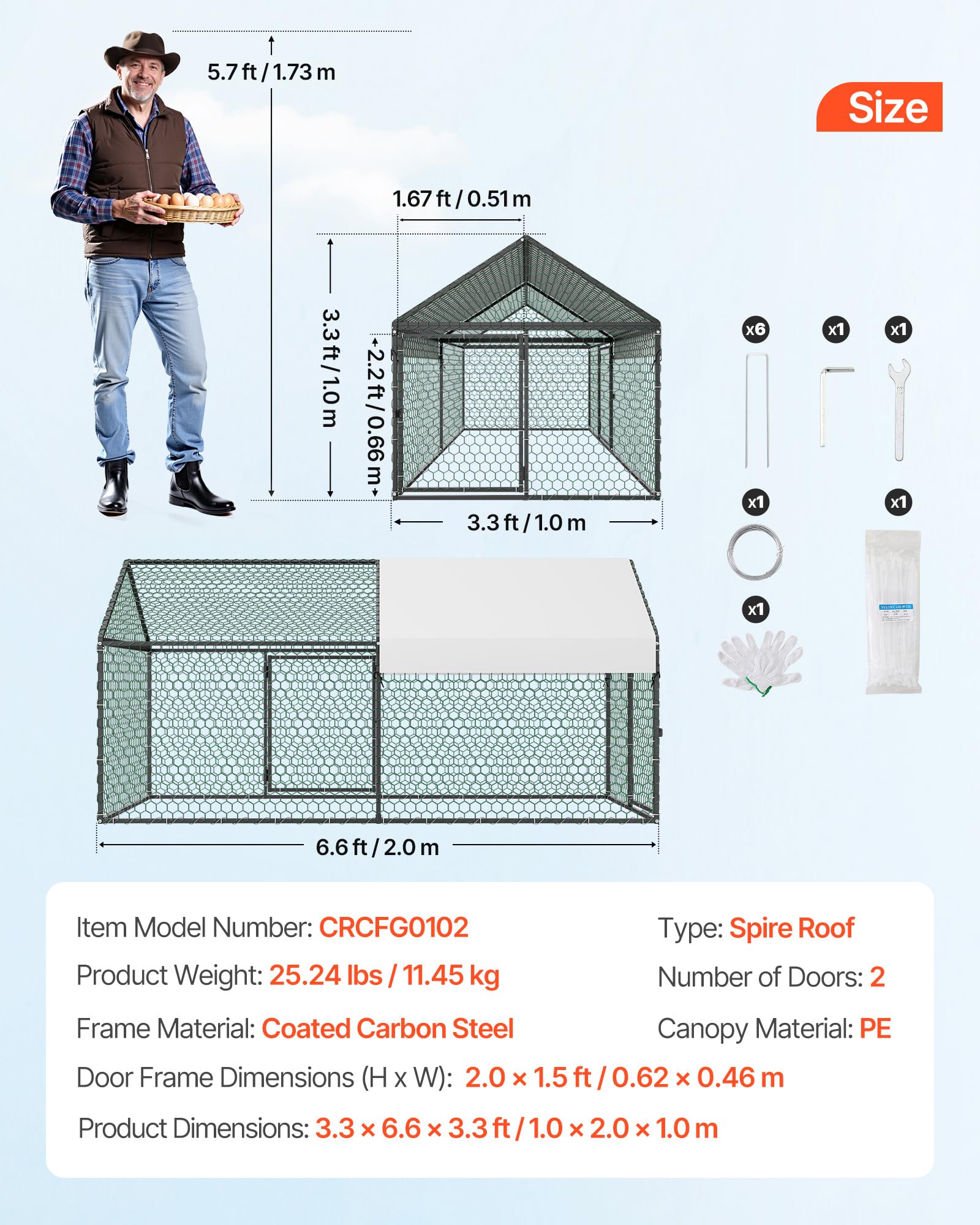 VEVOR Pollaio in Metallo 1 x 2 x 1 m per 4-6 Galline, Gabbia per Polli con Copertura Impermeabile e Doppie Porte, Tetto a Punta, Compatibile con Pollai in Legno, per Conigli Oche Anatre da Esterno
