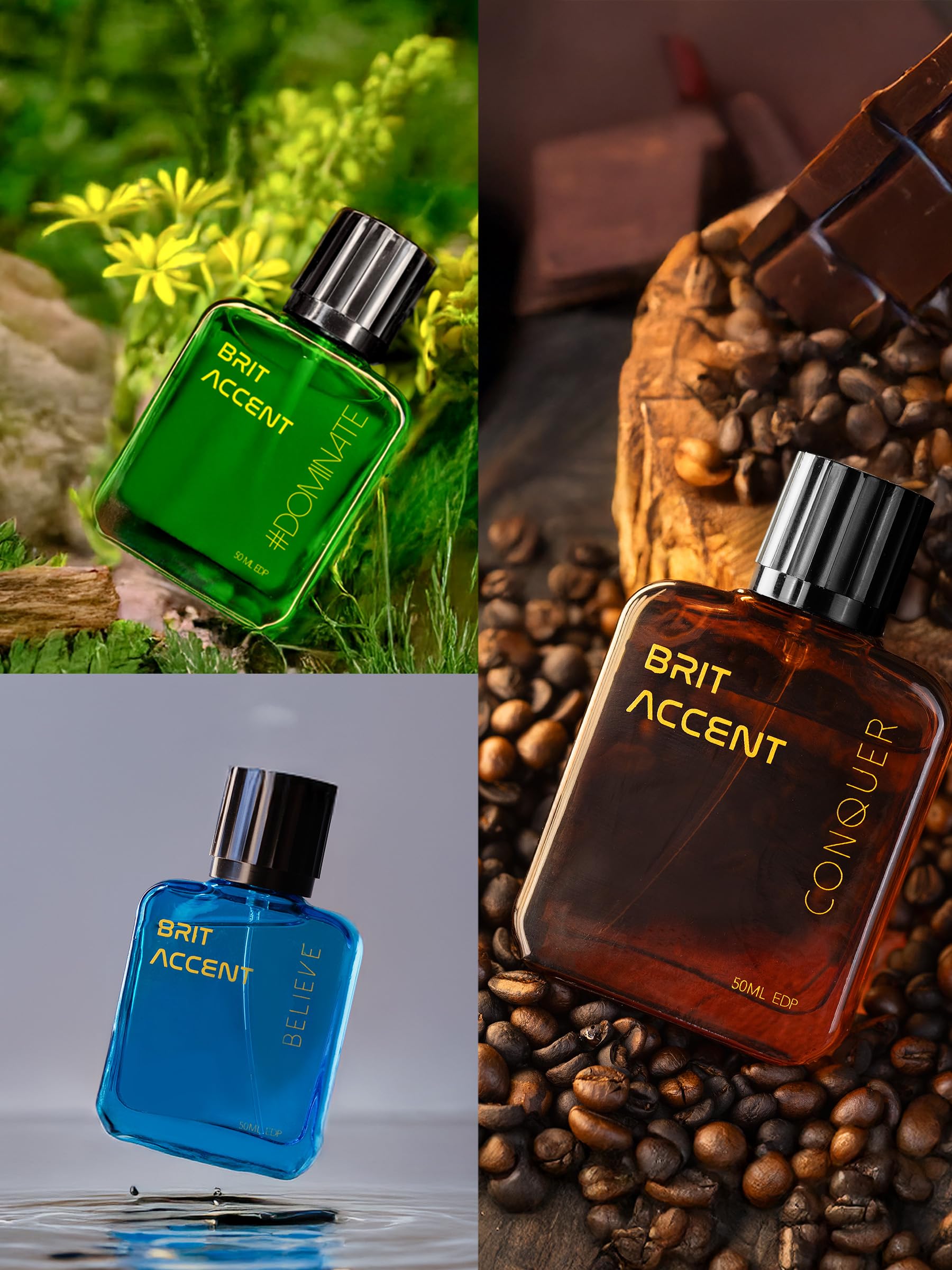 BRIT ACCENT Liquid || Grandeur Premium Collection Gift Set || Pack of 3 X 50 ML || Long-Lasting || #Believe #Conquer,#Dominate, 150ML || Fragrance Set - Parfum for Men || 3