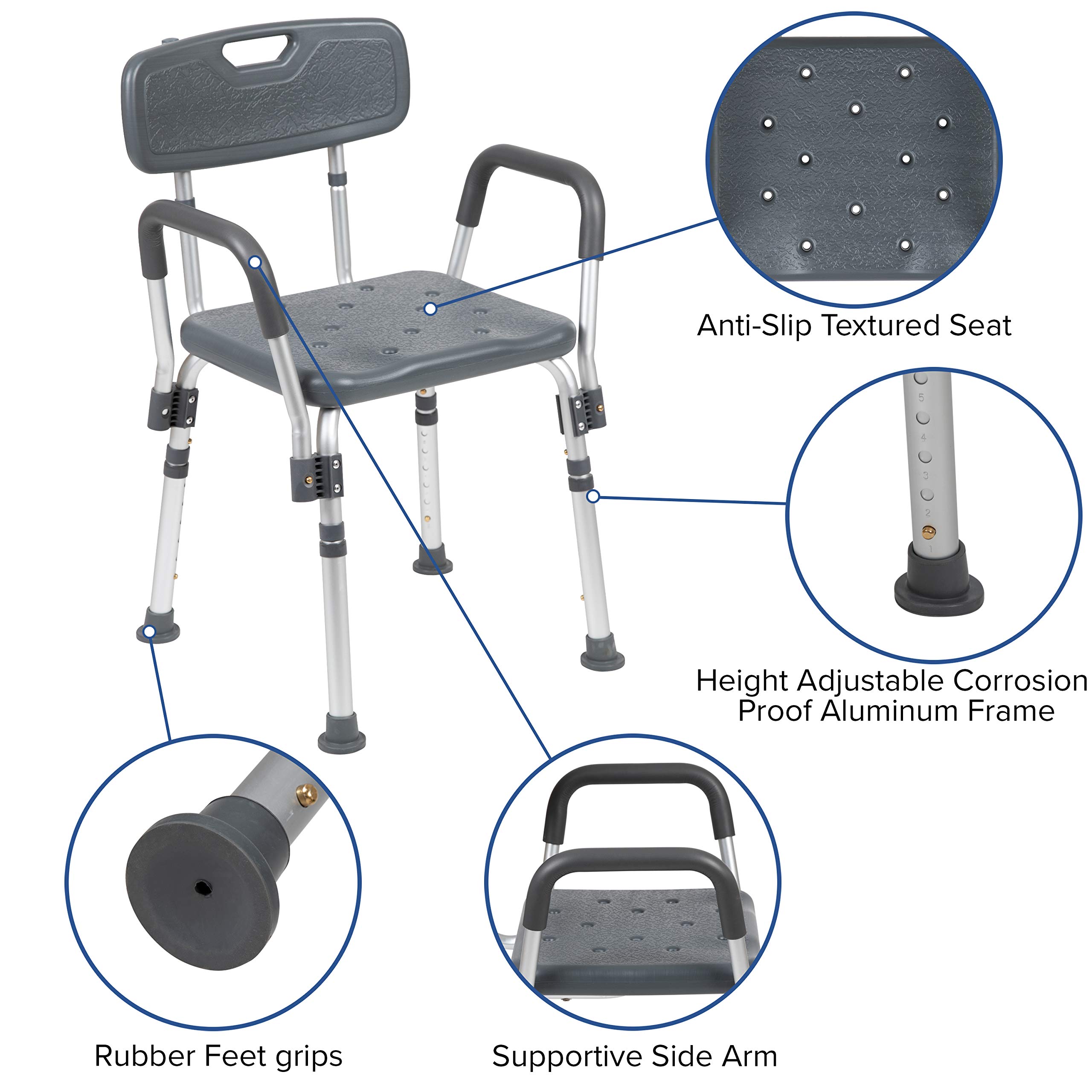 Flash Furniture Hercules Series - Silla de baño y Ducha de 300 Libras de Capacidad Ajustable Gris con Respaldo y Brazos de liberación rápida