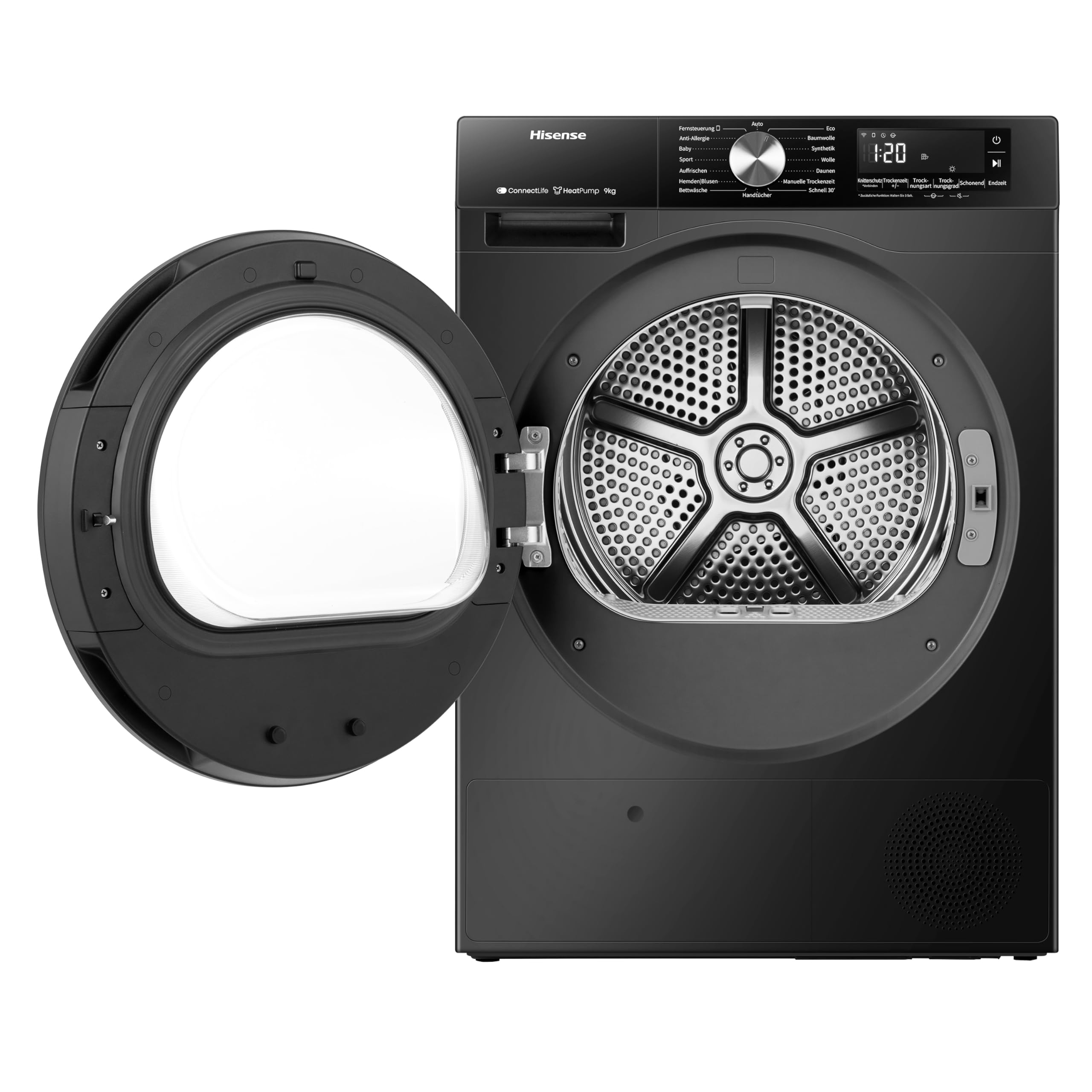Hisense DH3S902BBCC Kondenstrockner mit Wärmepumpe / 9KG / 16 Programme/ConnectLife/Autodry/QuickDry/Allergie-Pflege/Auffrischen/TwinAir/DelayEnd/Feuchtesensor/EEK: C/Schwarz