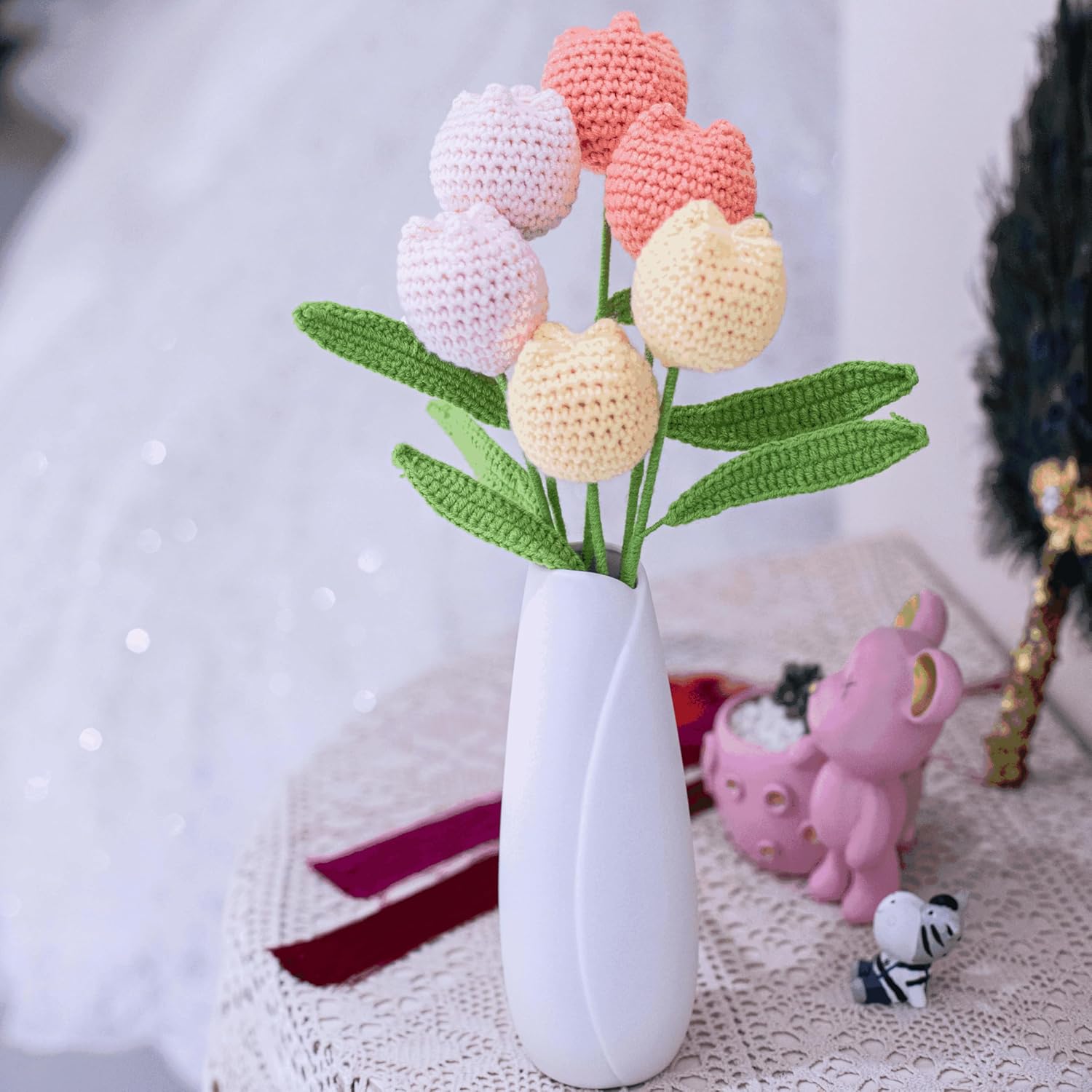 Handmade Crochet Tulip Bouquet – Crocheted Flower Knitted Yarn Artificial Tulips, Forever Floral Arrangement for Home Decor, Wedding, Birthday