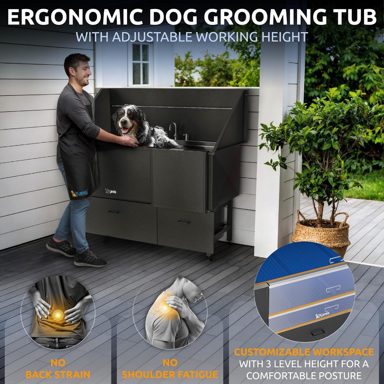 KANIS Professional Dog Washing Station 304 Stainless Steel Pet Wash Sink & Grooming Bathtub w/Shower, Floor Grates and Storage for Large, Medium & Small Pets (Black, 61 Inches, Right Ramp, 2 Drawers)