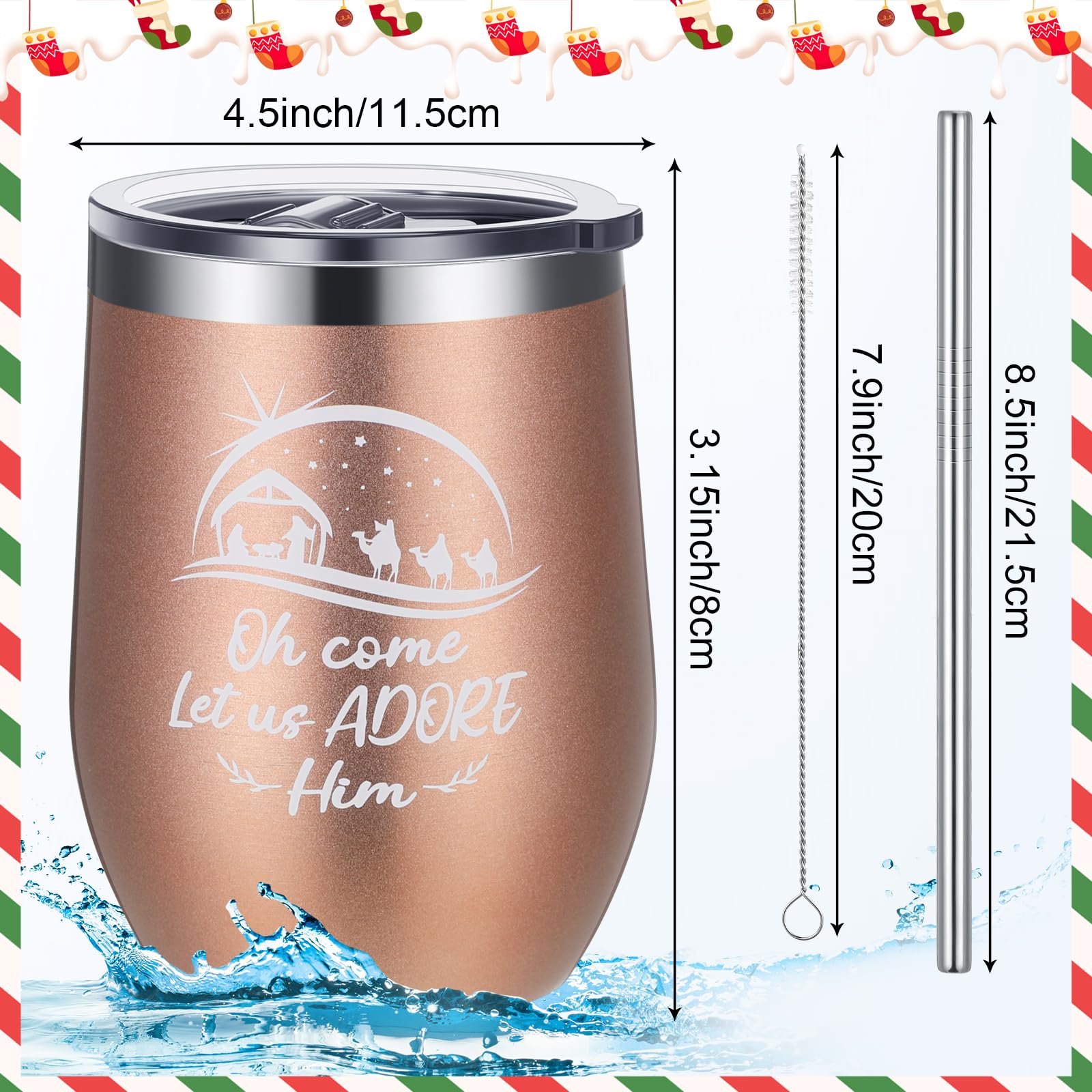 Gejoy Lot de 6 verres à vin de Noël avec couvercle - En acier inoxydable - Motif sapin de Noël - Tasse à café de voyage - Cadeau de vacances pour fête de Noël, mariage, 6 motifs - Crèche de Noël