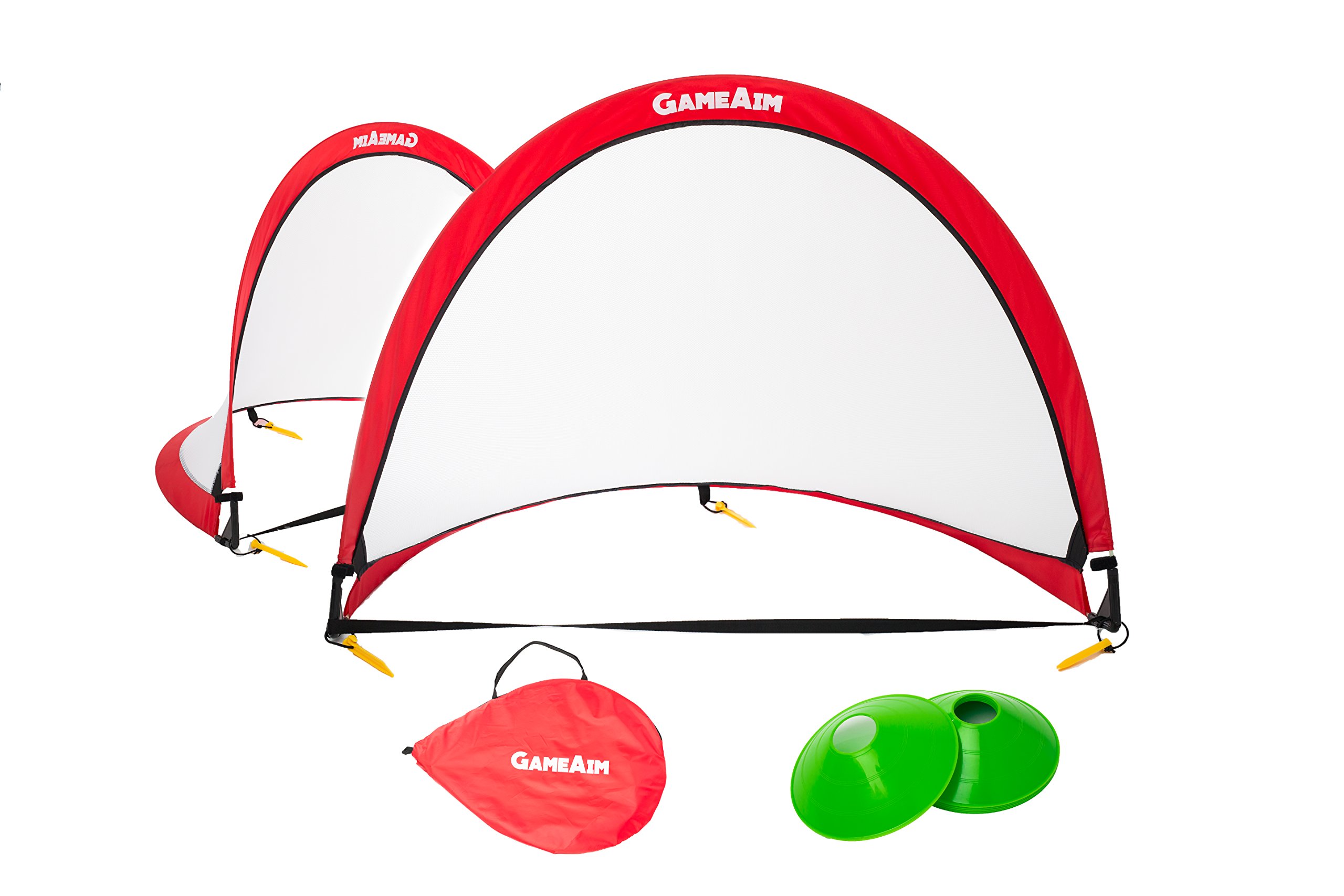 Kids 4FT pop up soccer goal by GAMEAIM- Two heavy duty portable soccer net with carrying case, 6 bonus cones - Great for kids and backyard fun!