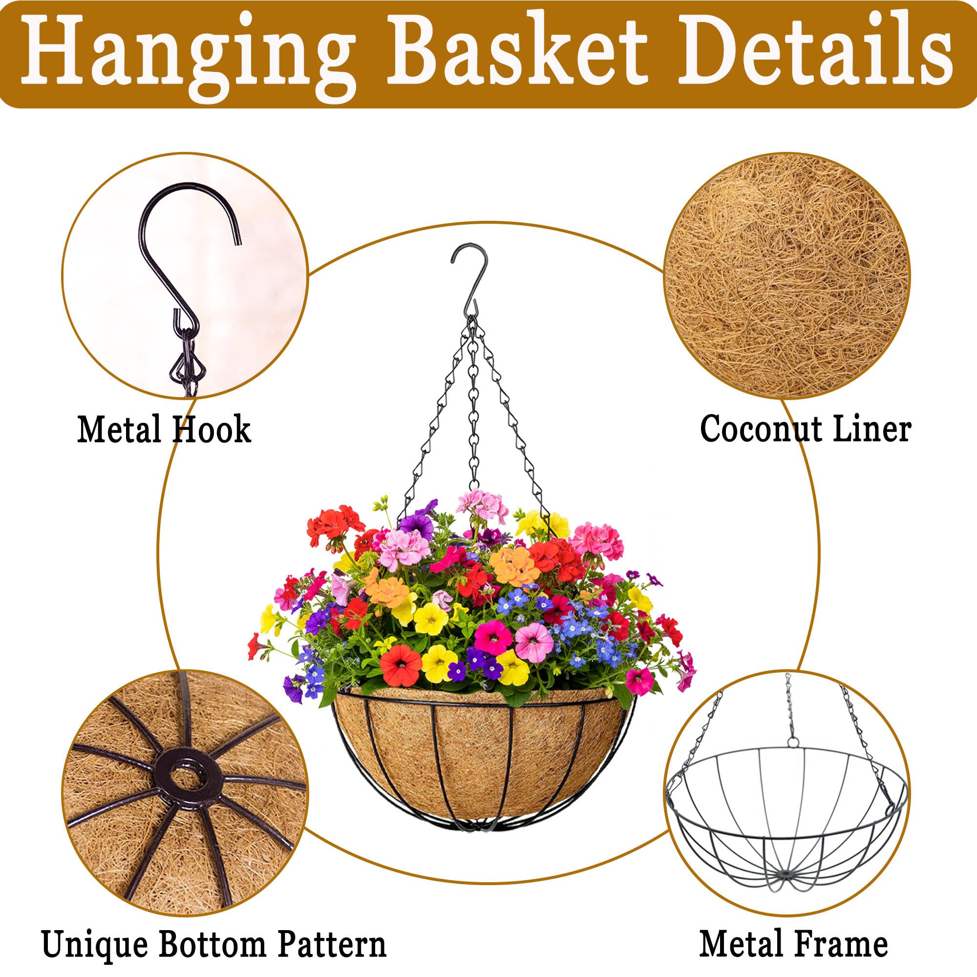 Lot de 4 pots de fleurs à suspendre en métal de 20,3 cm avec doublure en fibre de coco et fil rond avec chaîne pour intérieur ou extérieur, terrasse, porche, décoration de jardin (XG)