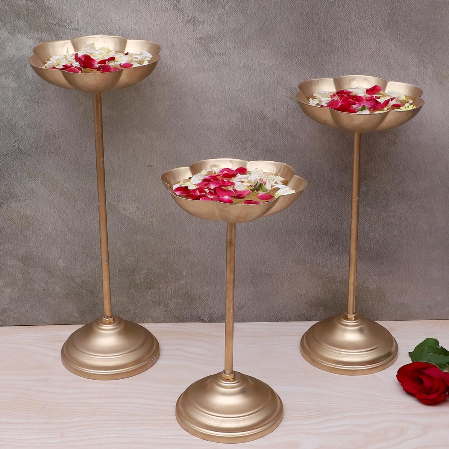 Two Moustaches Candle Flowers Holder Set, Urli Stand for Home, Floating Diya Tealight Holders, Lotus Stand, Diwali & Housewarming Decoration, Golden Set of 3
