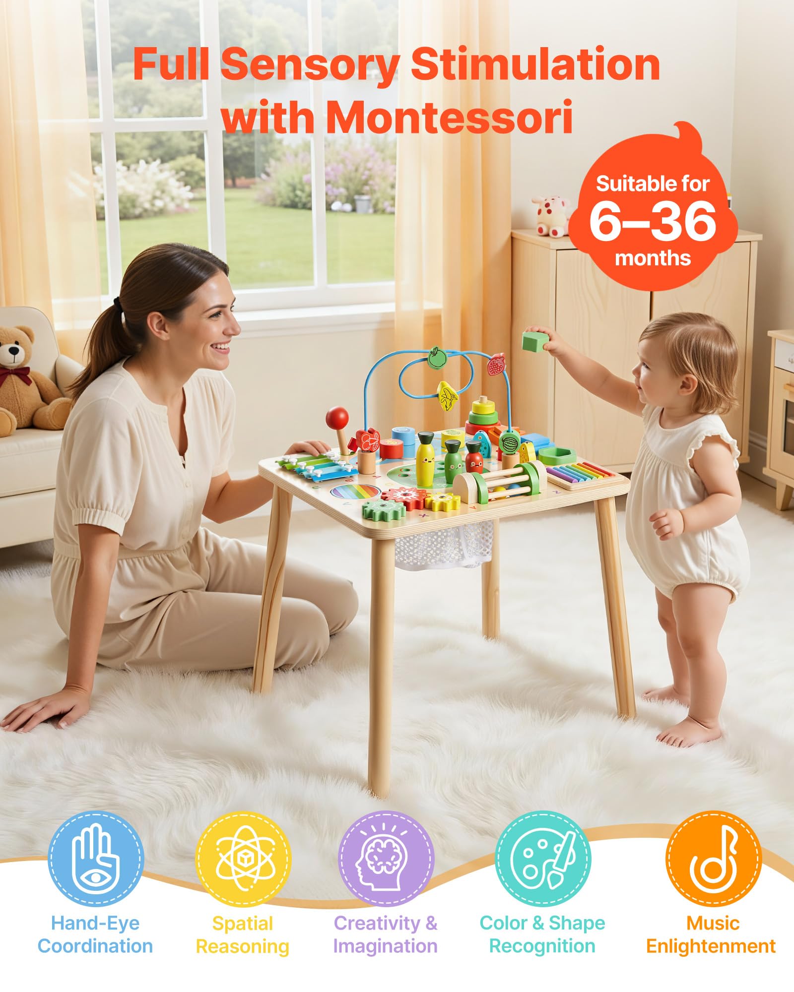 VEVOR Holz Aktivitätstisch, Montessori Spielzeug, 13-in-1-Lerntisch, Spieltisch Aktivitätstisch für Kinder ab 6 Monaten, Geburtstag, Weihnachten oder Kindertag, 6-36 Monate