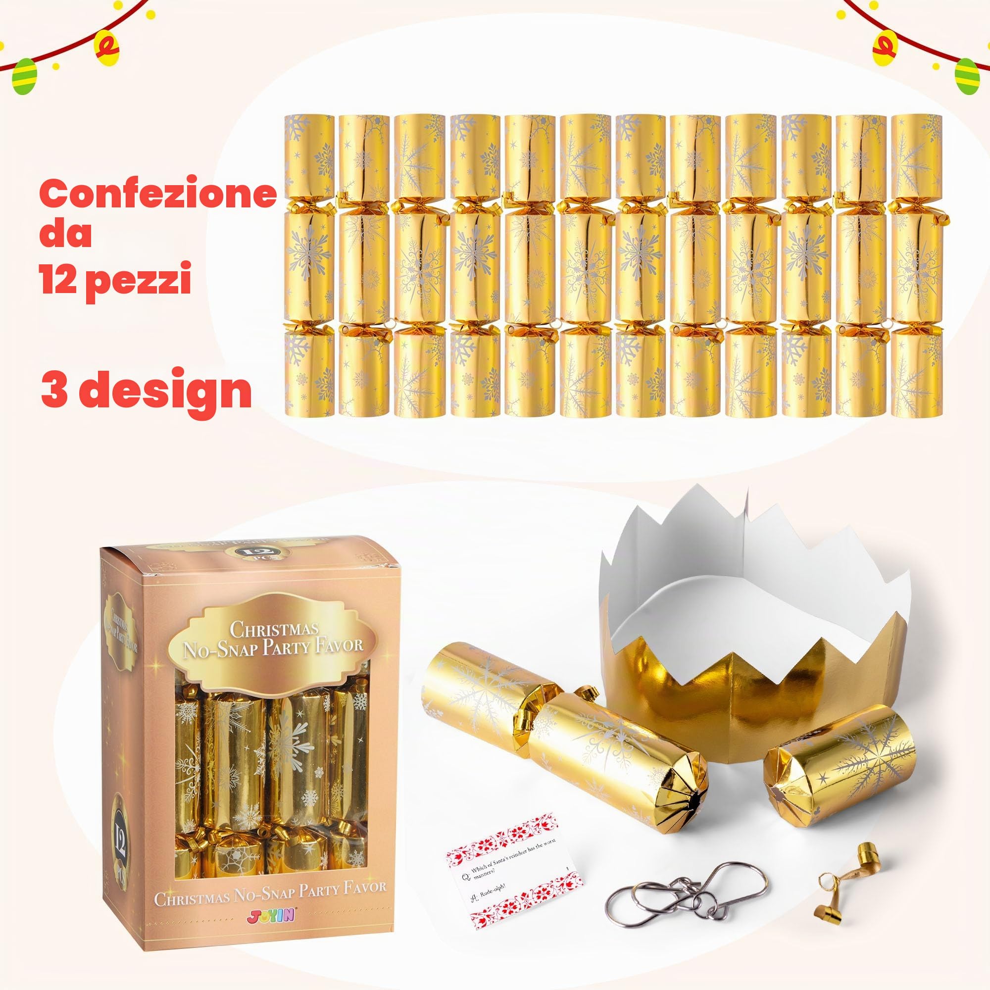 JOYIN Confezione da 12 bomboniere natalizie con fiocco di neve, color oro, con design a fiocco di neve, per bambini e adulti, feste di Natale, cene e vacanze