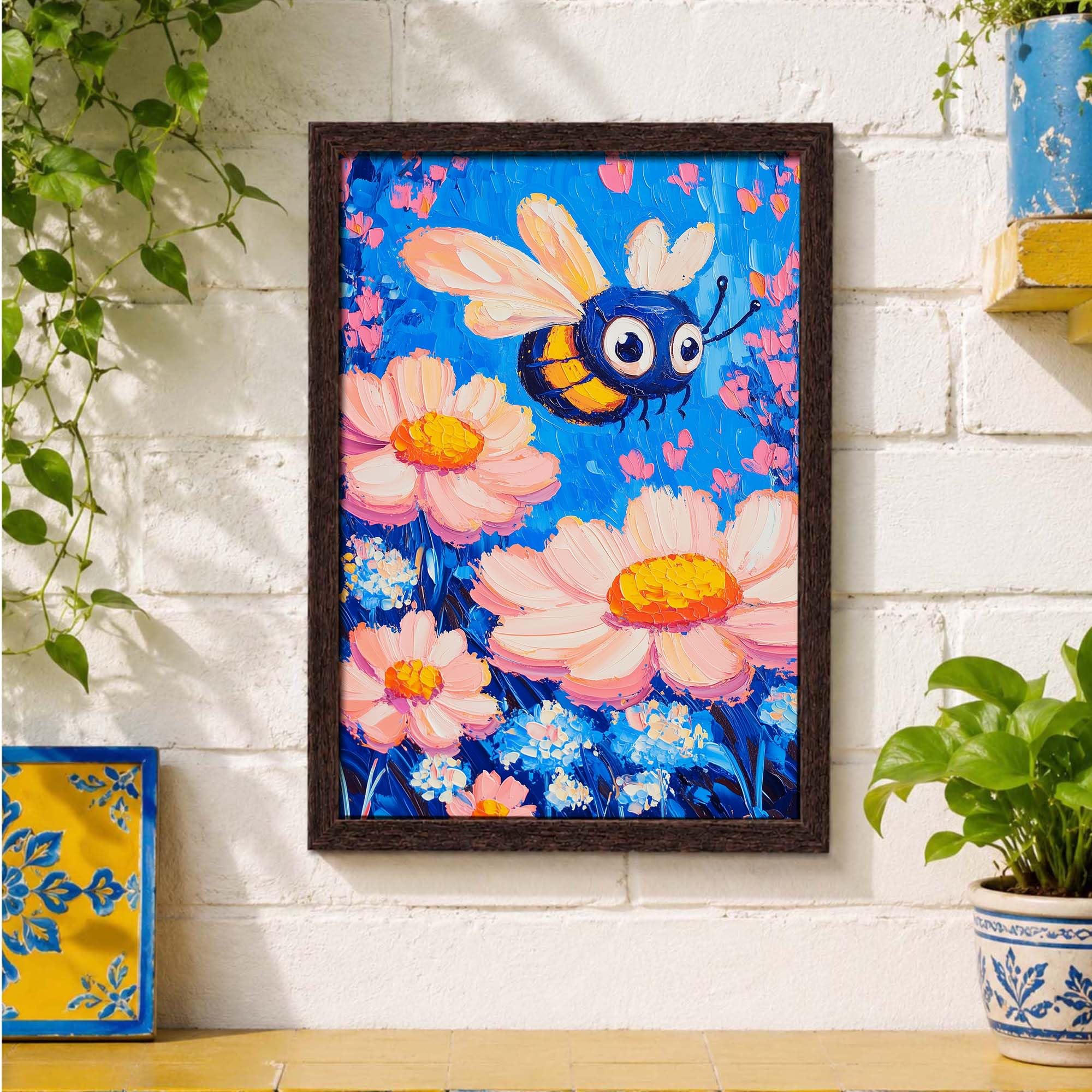 PAPER PAJAMA - Whimsical Bumble Bee and Pink Daisy Floral Garden Framed Wall Art Colorful Nature Illustration Painting for Kids Room Nursery Bedroom Decor - 10x13 Inches 2