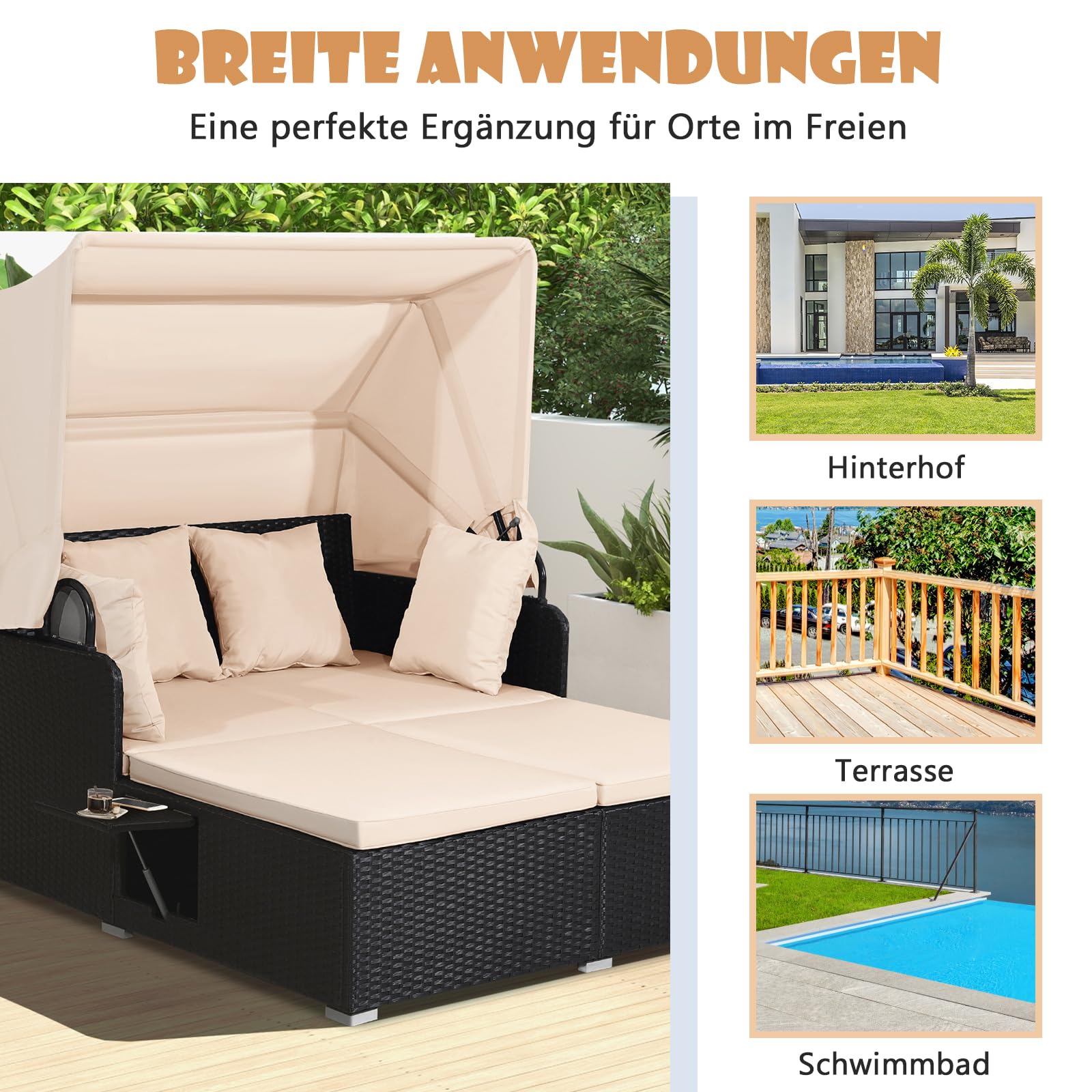 COSTWAY Sonnenliege Rattan für 2 Personen, Gartenliege mit Dach, Auflage, Kissen & ausklappbaren Seitentischen, Sonneninsel, Doppelliege, Sonnenbett, Loungebett für Garten, Terrasse (Gelblich)