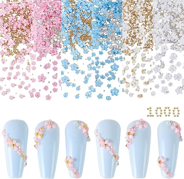 NICENEEDED 6 Bags Flower Nail Art Charms with Gold & Silver Beads, 1000Pcs 3D Five-Petal Flower Ornaments Nail Gems for Women Girls DIY Nail Design Nail Art Supplies