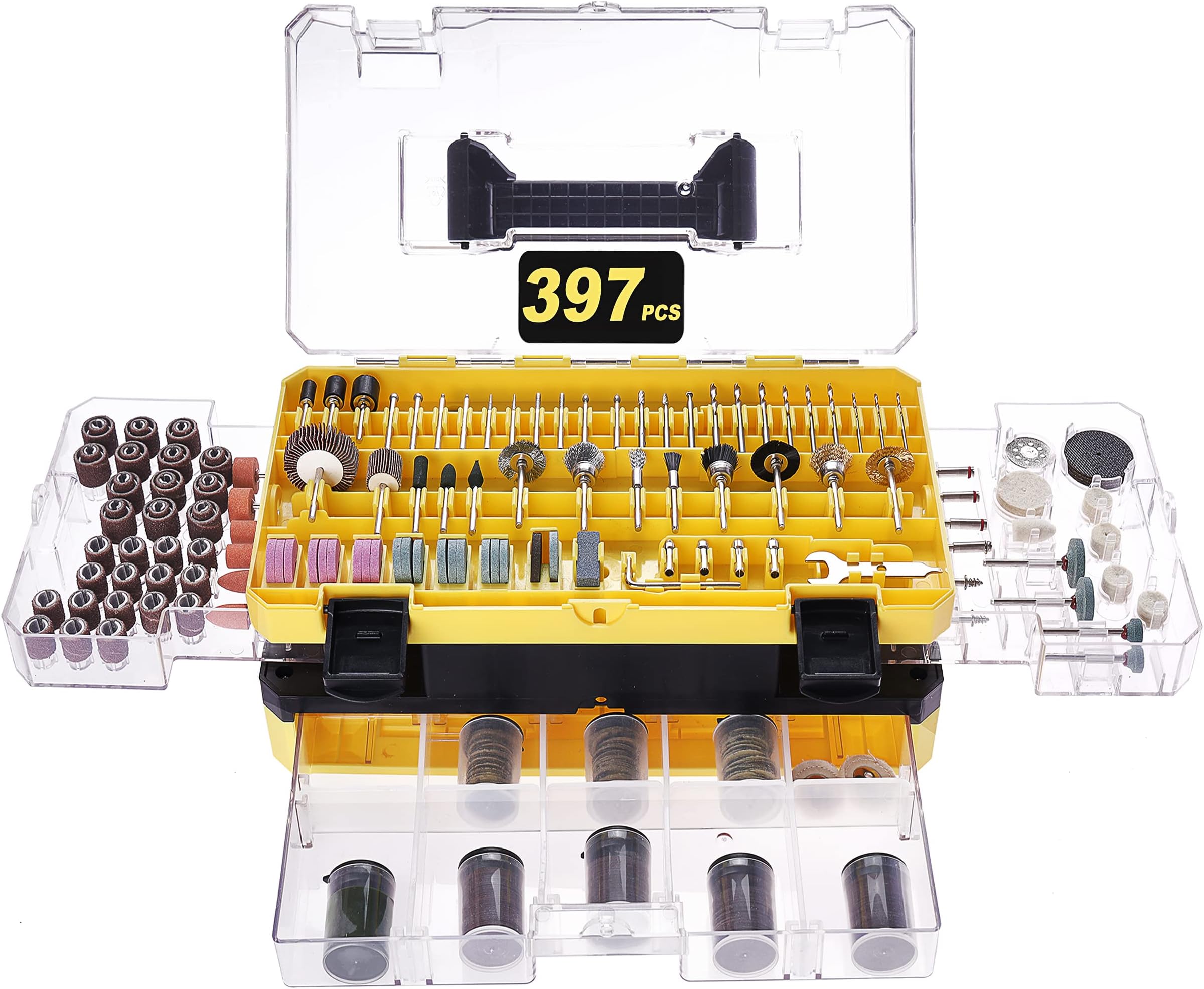 Rotary Tool Accessories Kit, Longmate 397pcs Rotary Bit Compatible with 1/8" Shank Rotary Tool & Flex Shaft Grinder for Cutting Grinding Sanding Carving Polishing Engraving for Wood, Glass, Metal