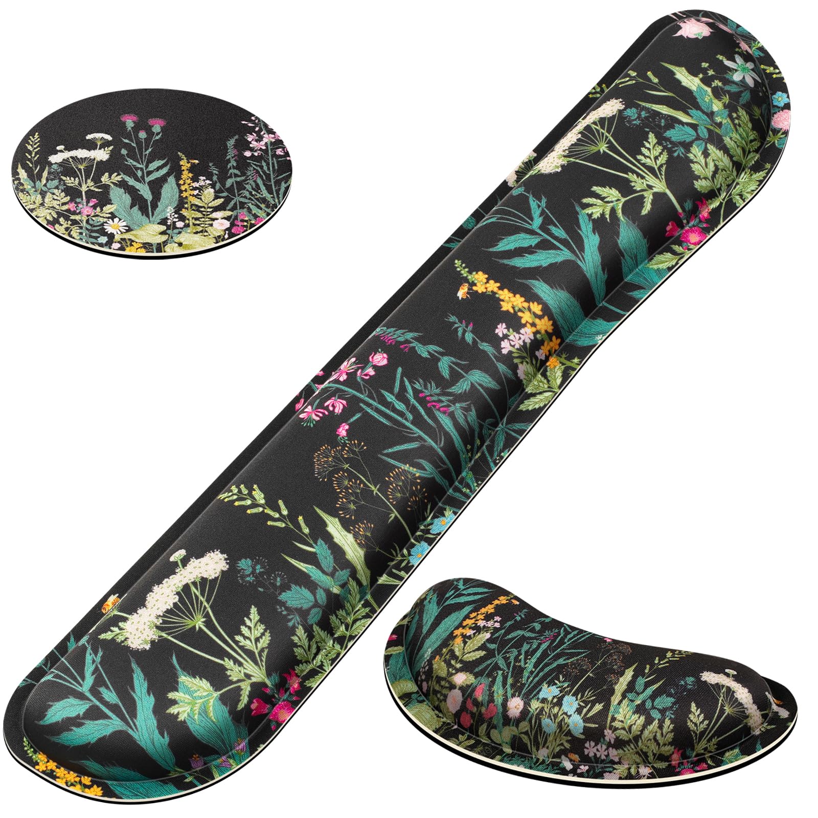 Retuhapy Keyboard Wrist Rest Set, Gel Memory Foam, 3-Piece, Weeds
