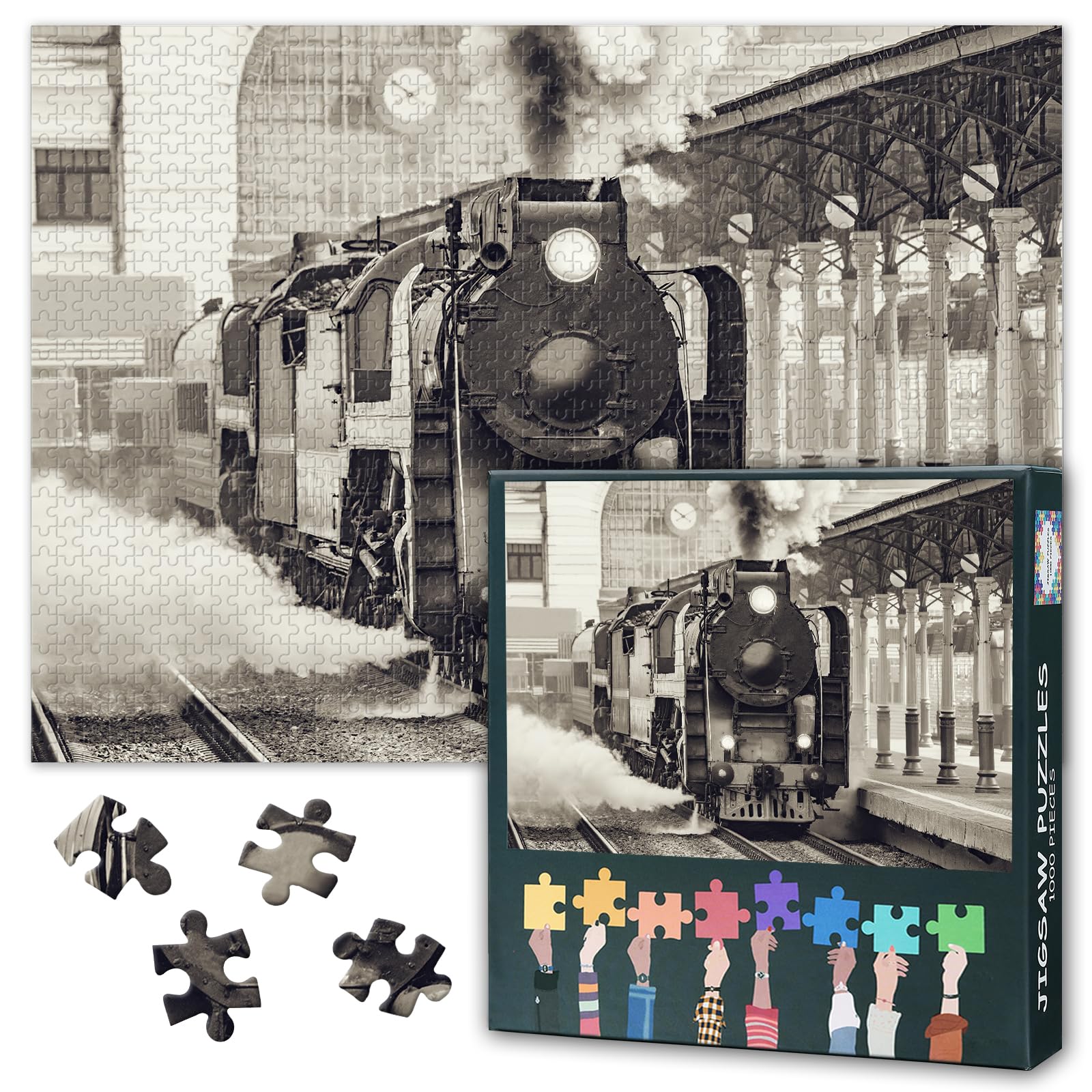 1000 Piece Jigsaw Puzzle for Adults Vintage Steam Train Art Retro Railway Theme Wall Decor Challenging Puzzle Game for Living Room Bedroom Office 27.5x19.7 Inch