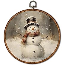 KSDUT Vintage Winter Wall Art Decor - Retro Christmas Snowy Wall Art Canvas Frame Hanging Prints, Snowman Holiday Landscape Round Wall Art Decor for Home Farmhouse Decorations 10"x10"
