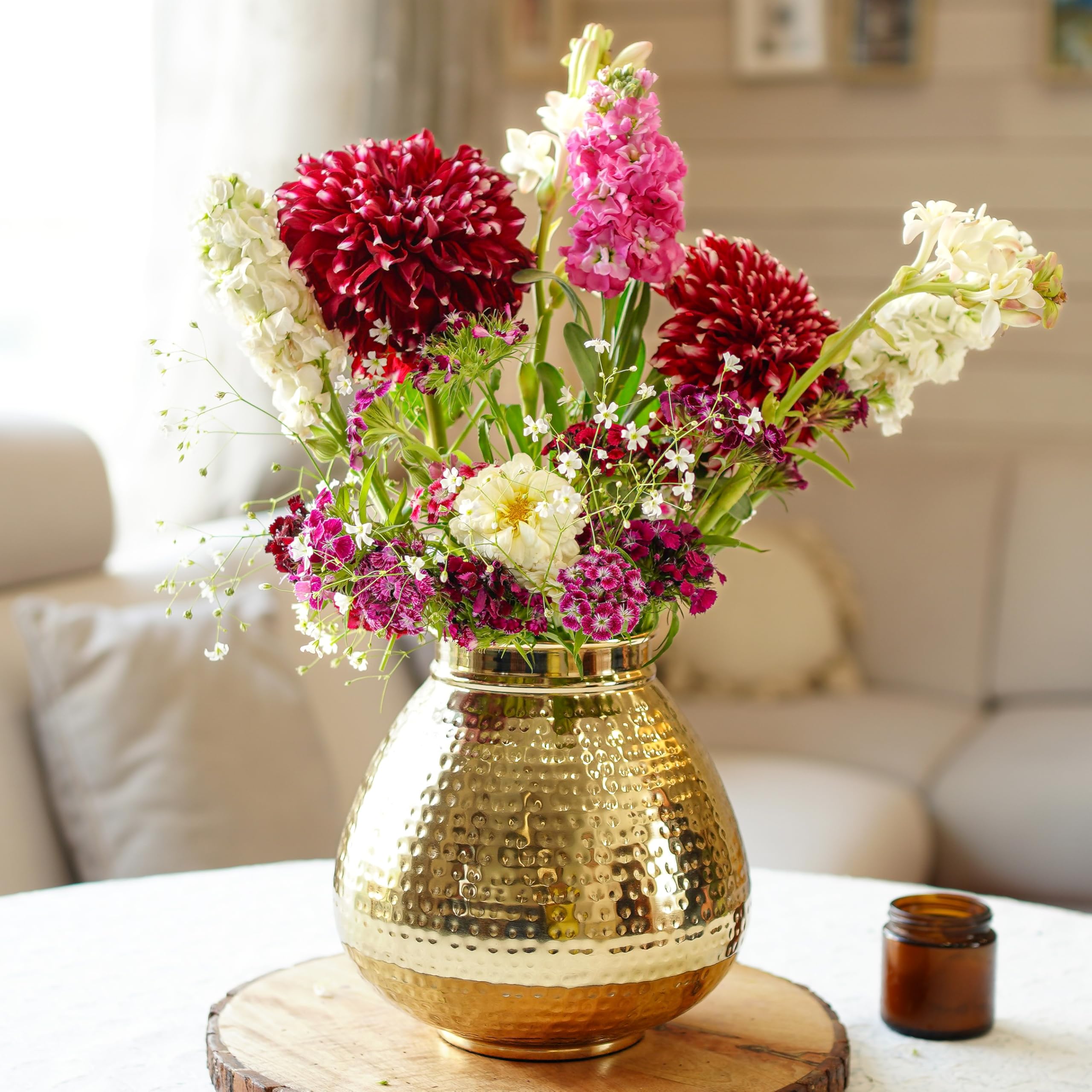 Behoma Matki Shape Metal Vase for Home Decor, Hammered Flower Pot for Office Table Decorations, Modern vases, Gift for Diwali Ganpati Onaml, 8 inches, Golden 1 Pc (Flowers not Included)