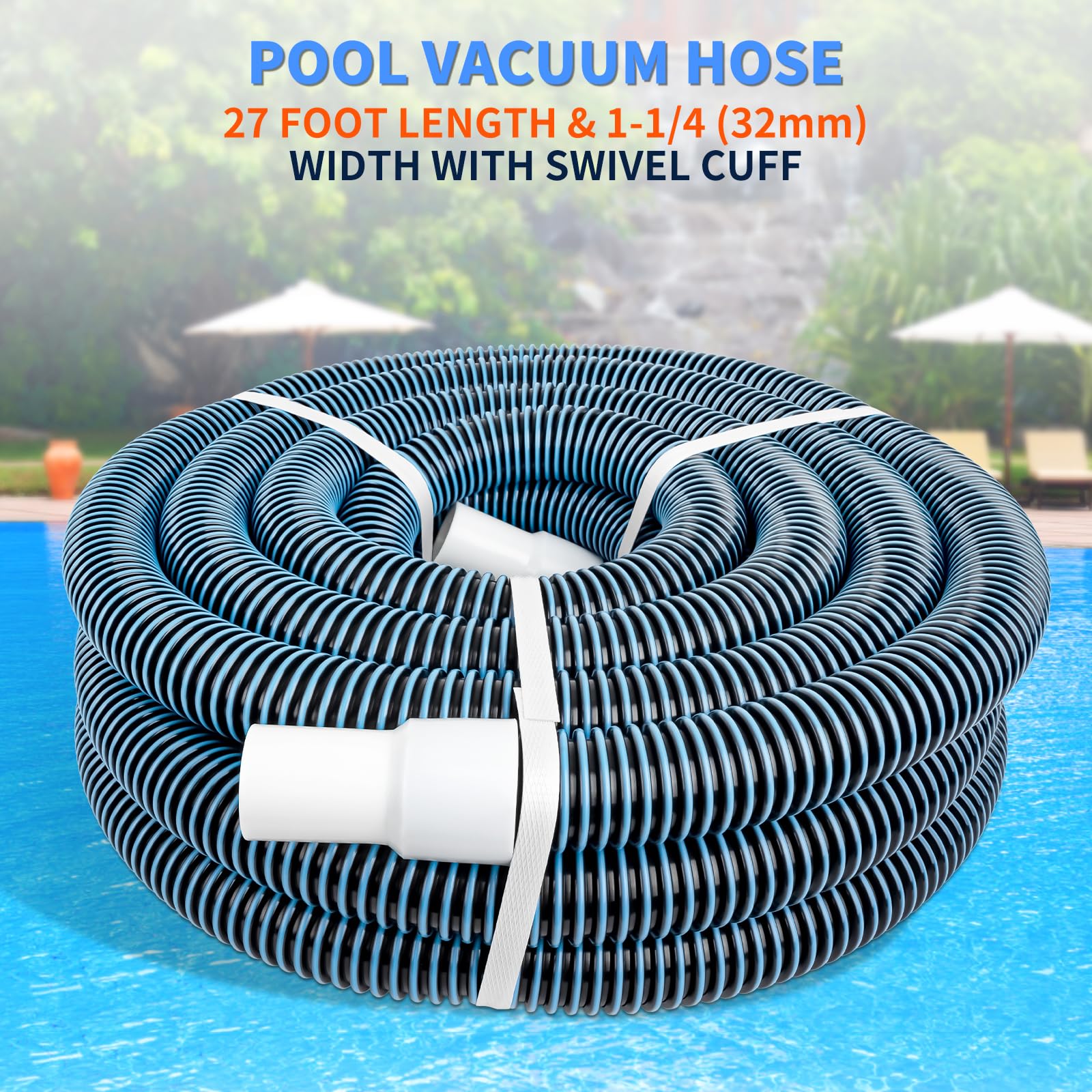 Tuyau d'aspiration de piscine robuste en spirale de 3,8 cm x 8,2 m avec manchon pivotant sans nœud, durable, flexible, ajustement universel pour l'entretien de la piscine