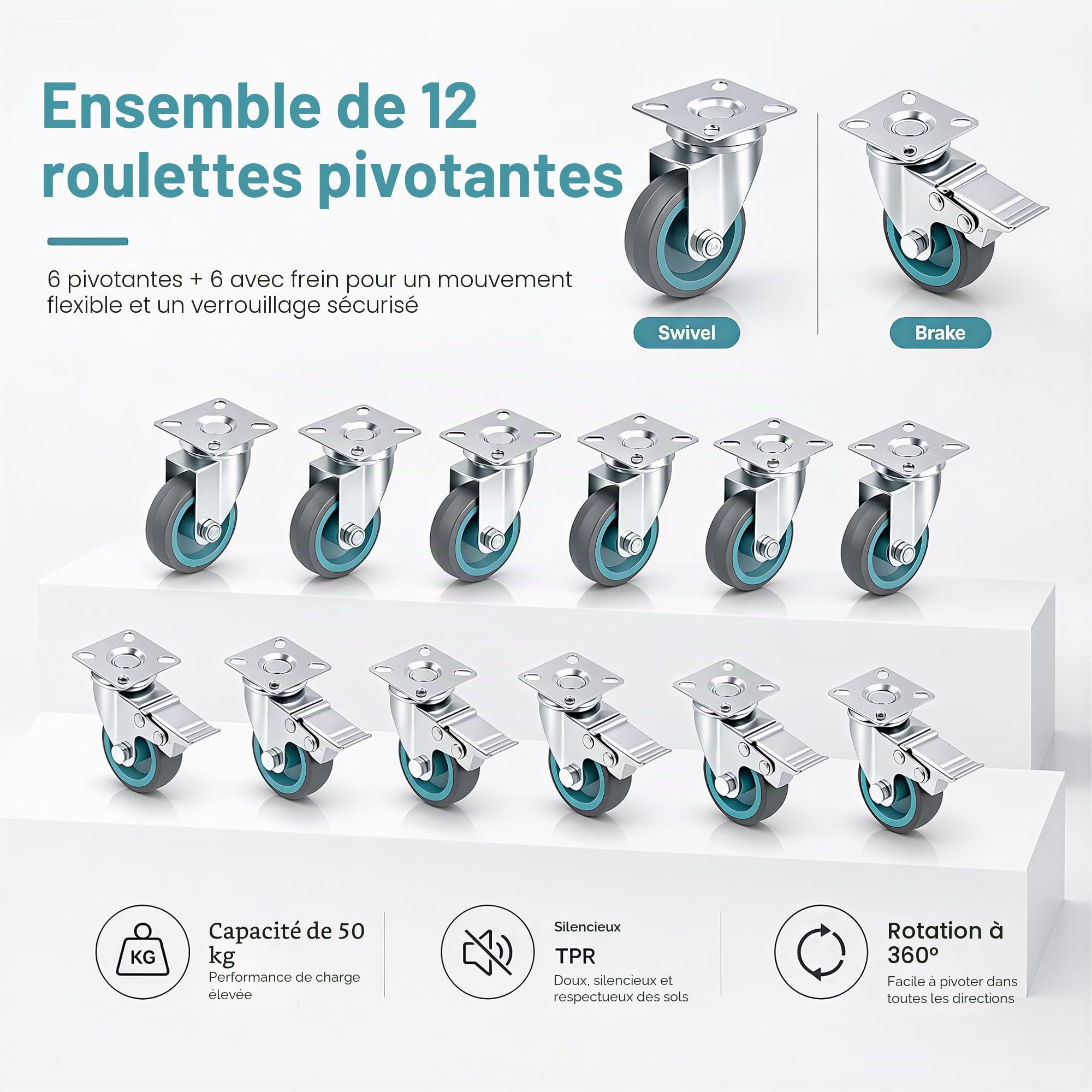 Lot de 12 roulettes pivotantes 50 mm (6 avec frein + 6 sans frein) – Roues en caoutchouc TPR, roulettes robustes pour meubles, chariots, armoires, supports de plantes – 50 kg par rouleau